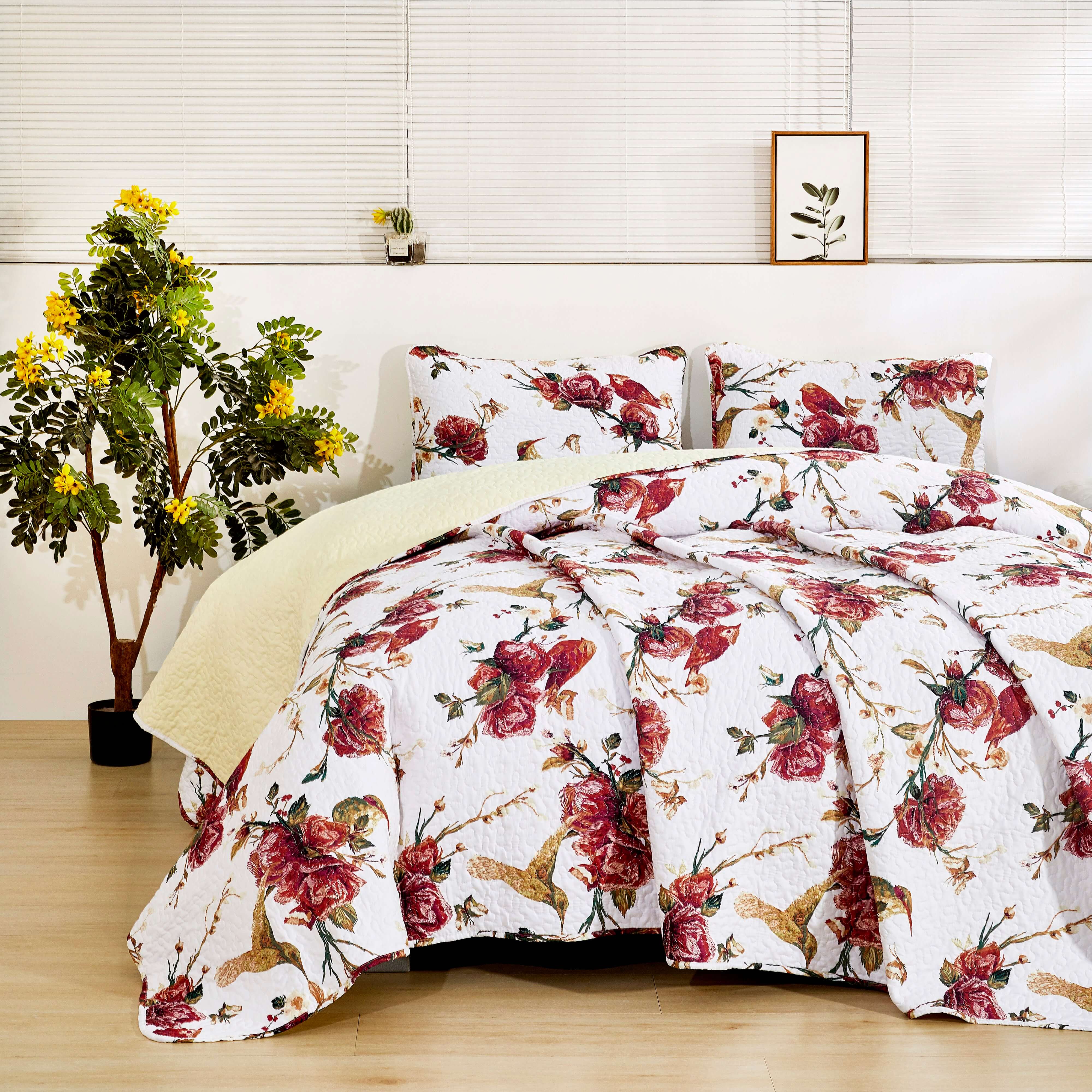Tache Vintage Rose Garden Floral Hummingbirds Burgundy White Reversible Quilt Bedspread Bedding Comforter Coverlet Set