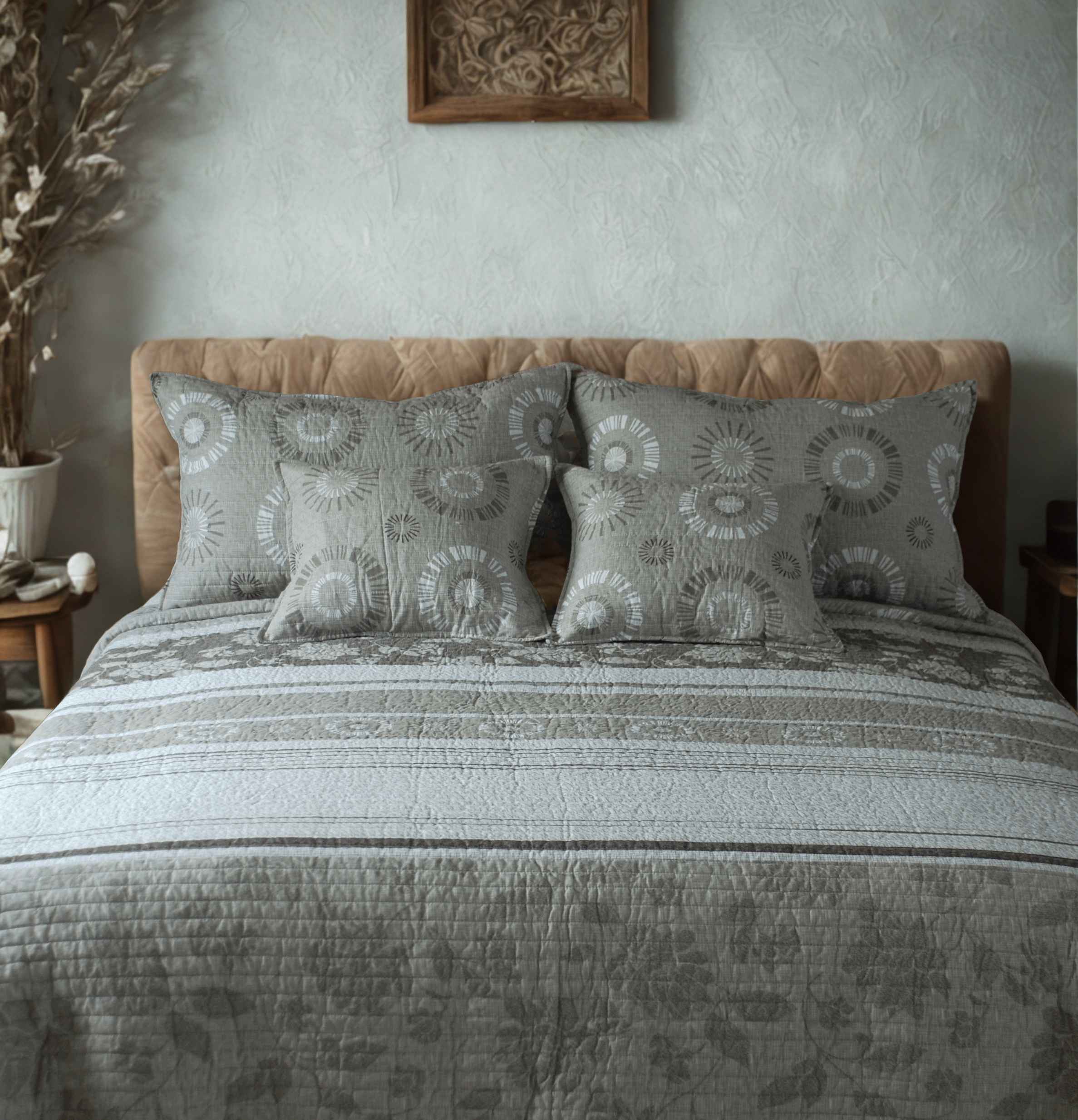 Tache Cotton Taupe Beige Striped Floral Geometric Starburst Quilt Set (DXJ107076) - Tache Home Fashion