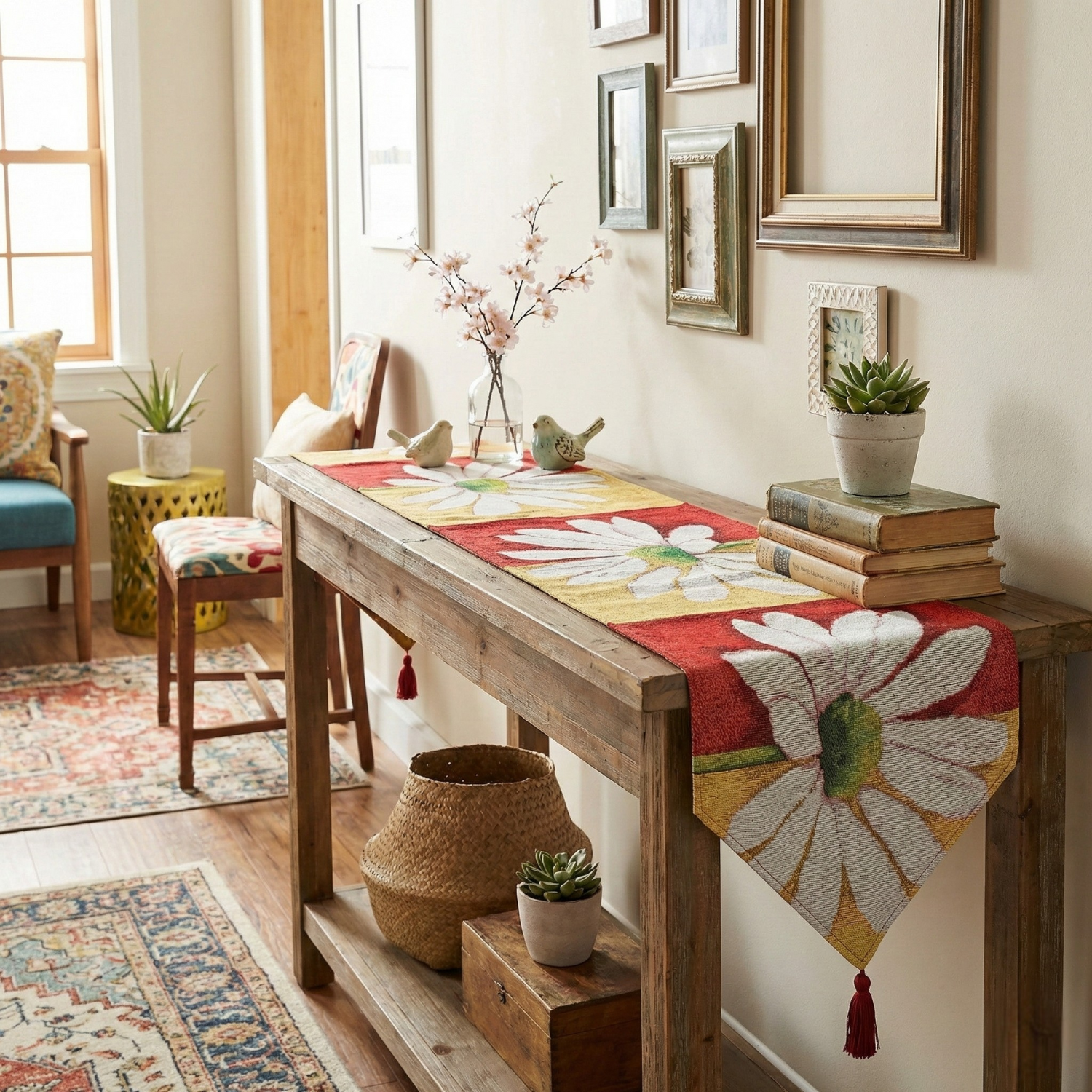 Wooden table with a colorful floral red and yellow table runner on a console in a home setting.