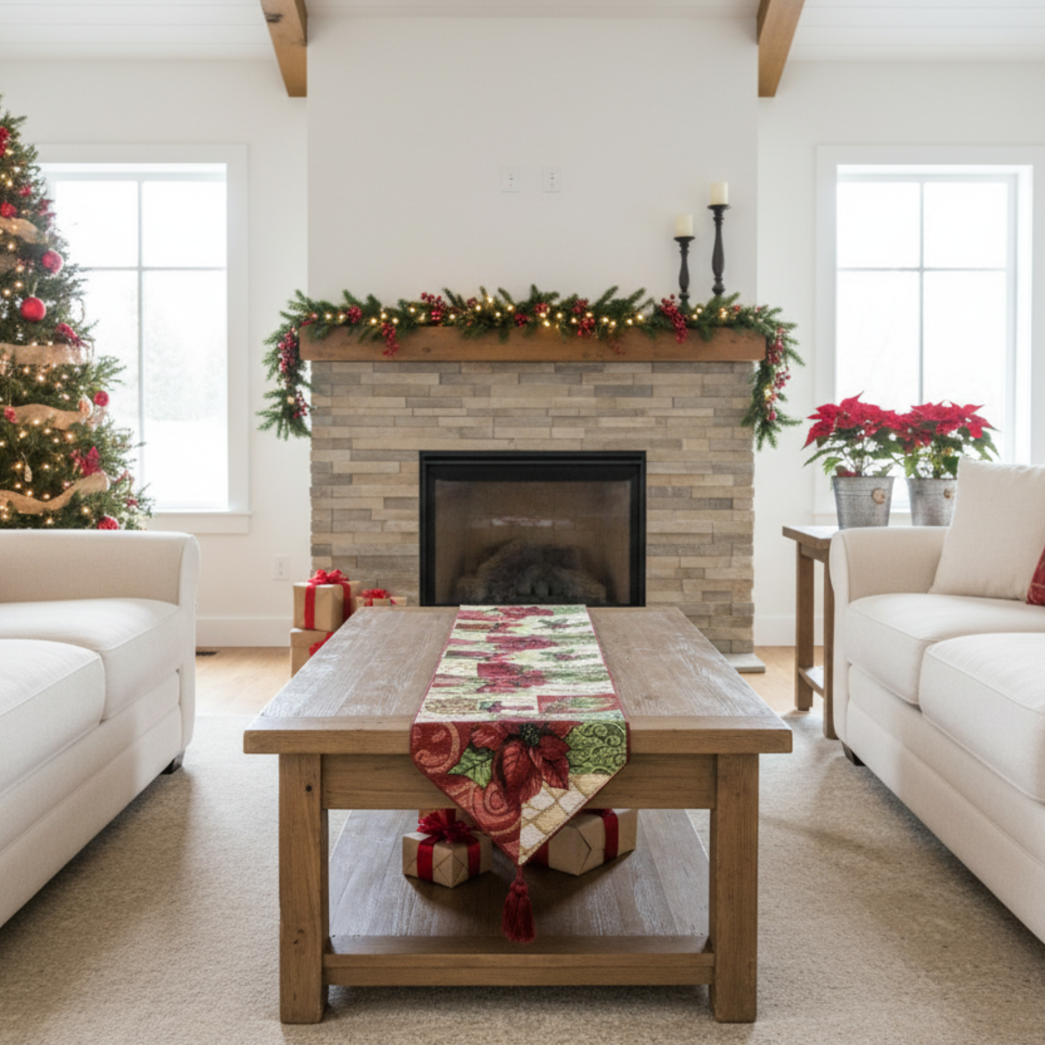 Living room decorated for Christmas with a tree, fireplace, and festive Christmas table runner on a coffee table.