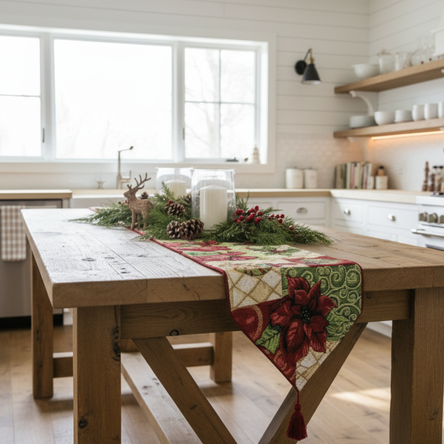 Wooden dining table with a Christmas-themed runner in a kitchen setting