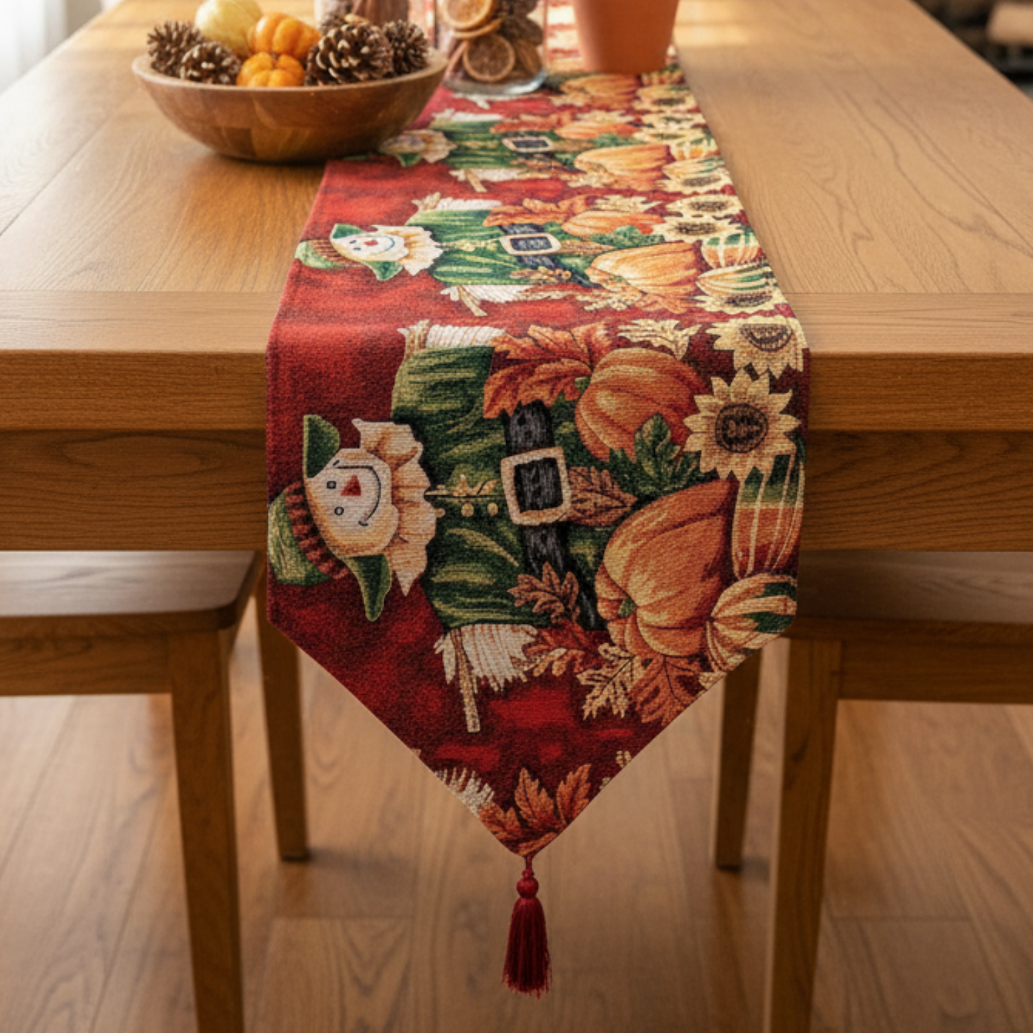 Decorative tapestry table runner with pumpkin scarecrow and autumnal design on a wooden table.