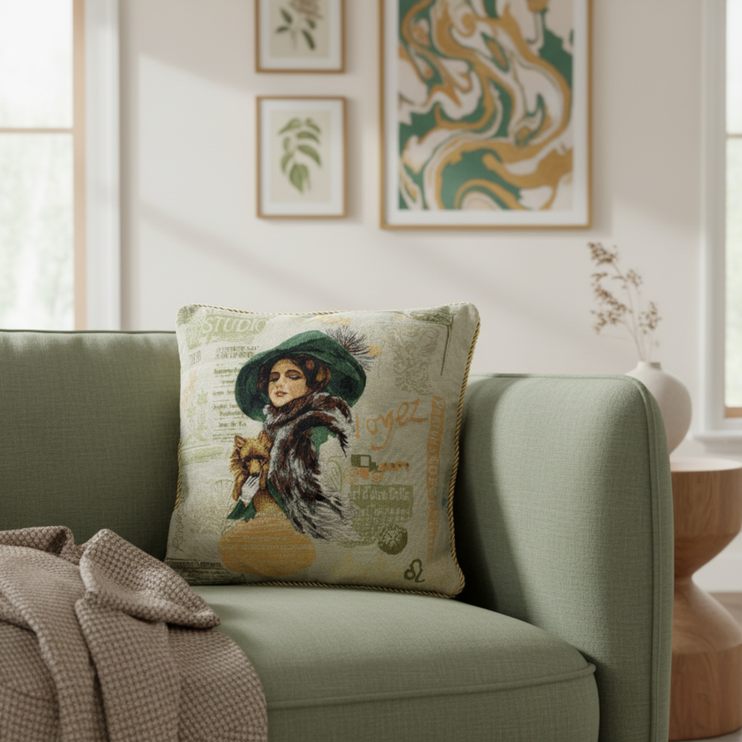 Decorative pillow with a woman and dog illustration on a green sofa in a living room.