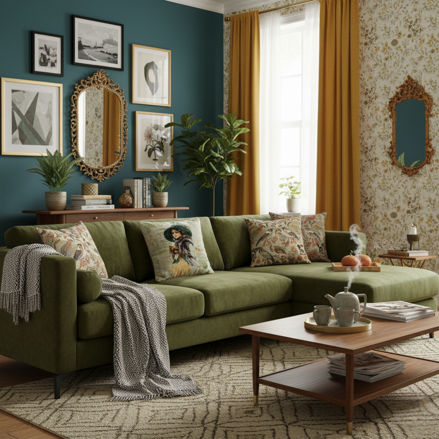 Cozy living room with green sofa, decorative pillows with a design of a lady with a dog, and a wooden coffee table.