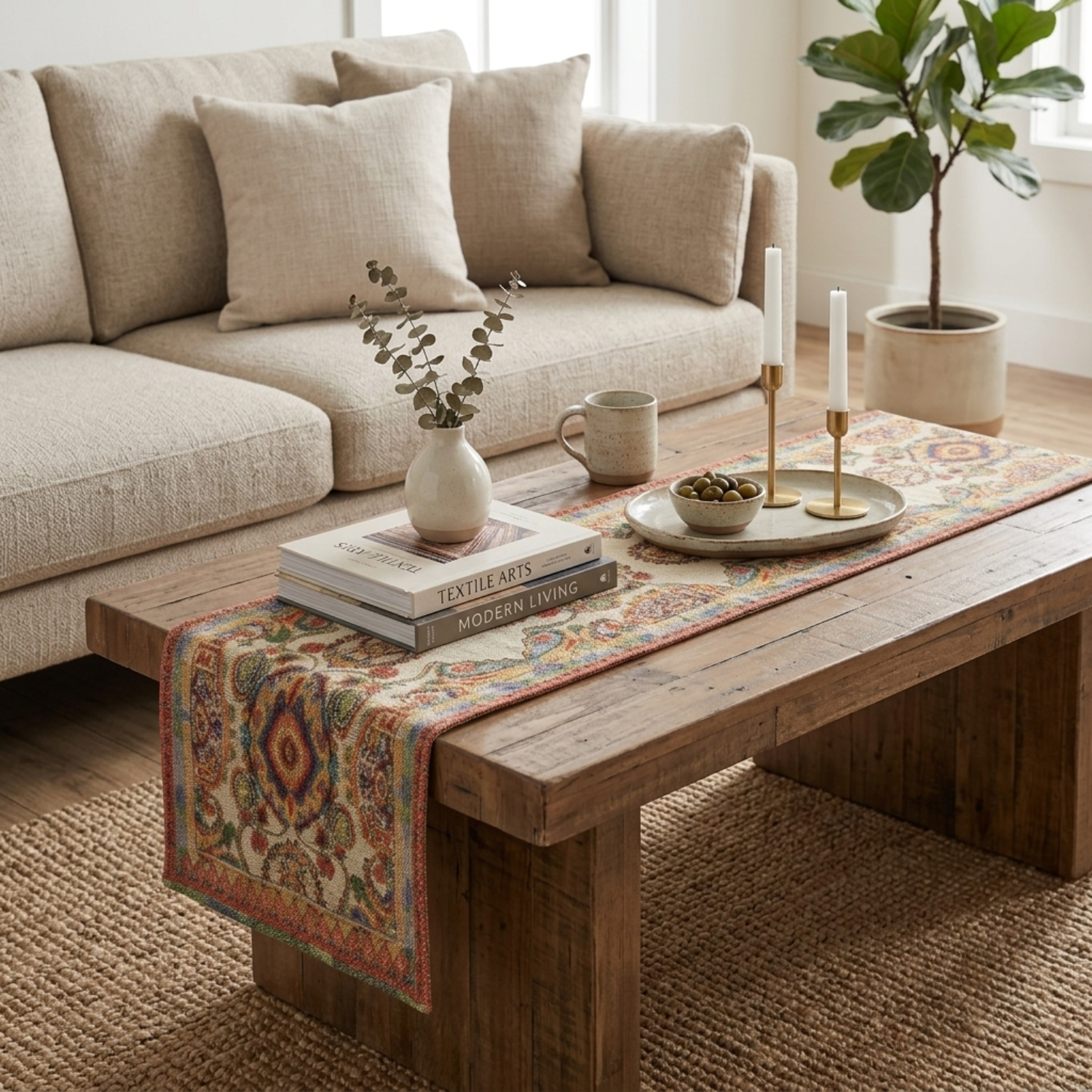 13 x 54 inch boho paisley tapestry table runner draped over a wood coffee table in a living room