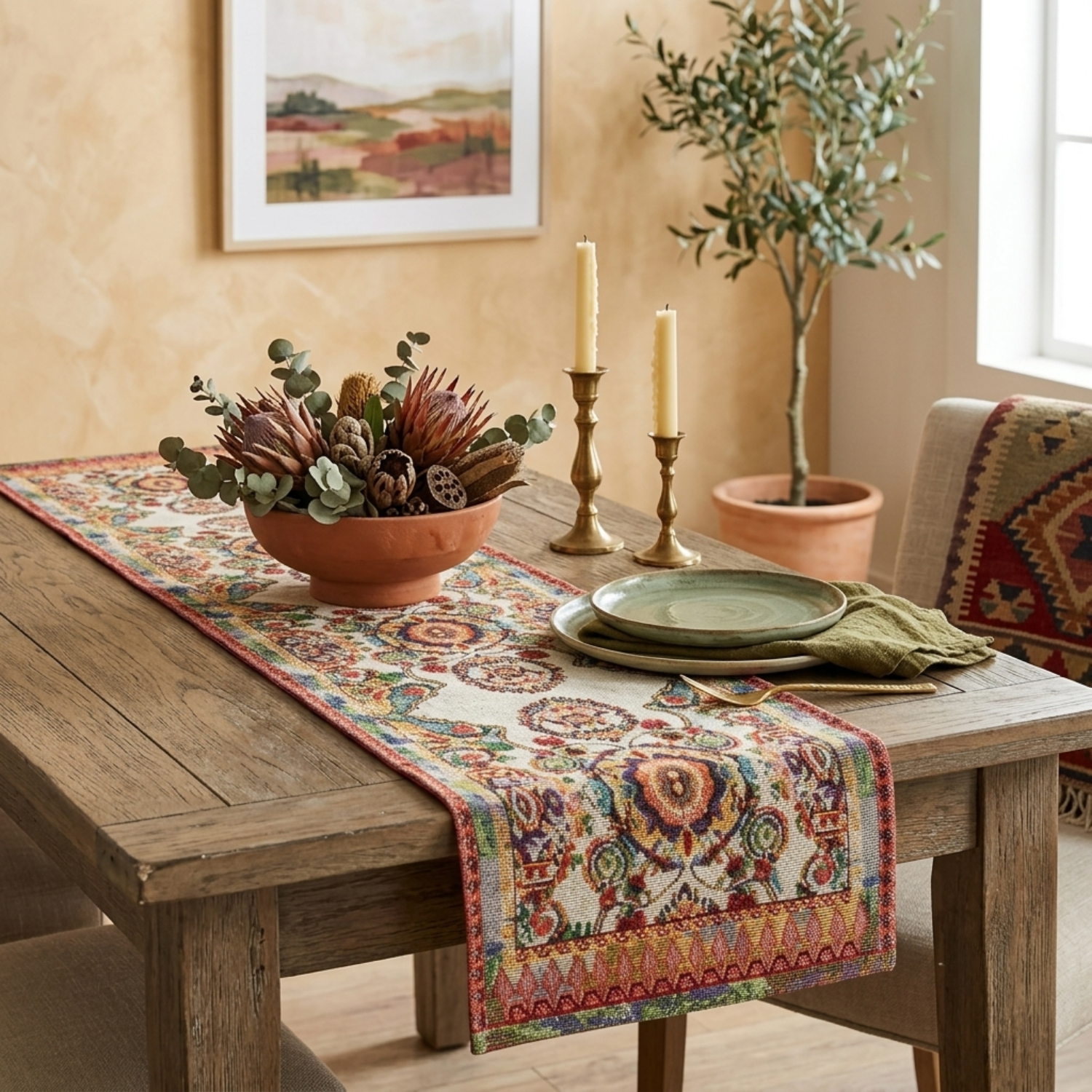 13 x 72 inch woven ornate paisley tapestry table runner on a rustic dining table with candlesticks and a kilim-patterned chair