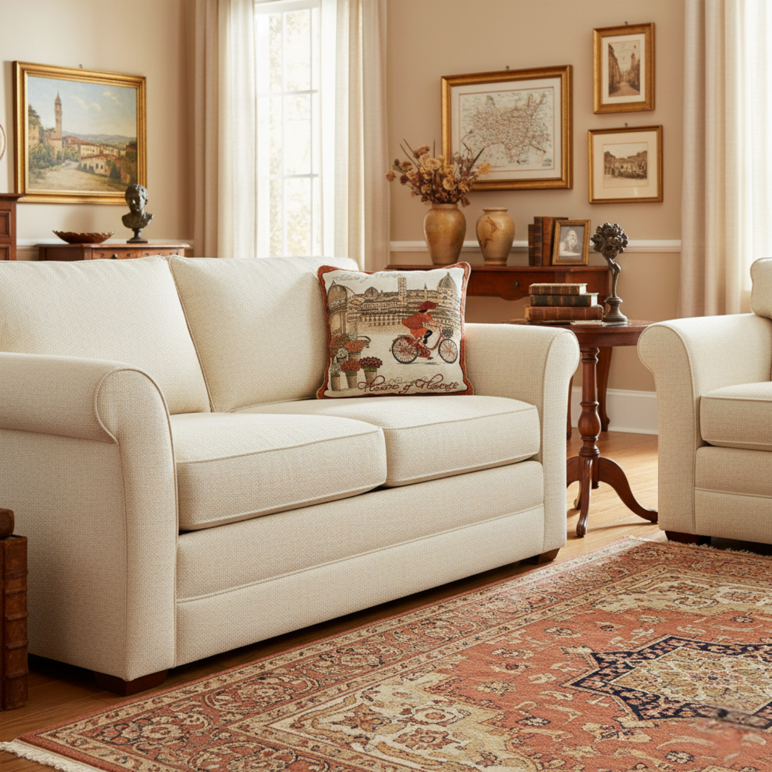 Living room with beige sofa, decorative pillows, and framed artwork on a wall.
