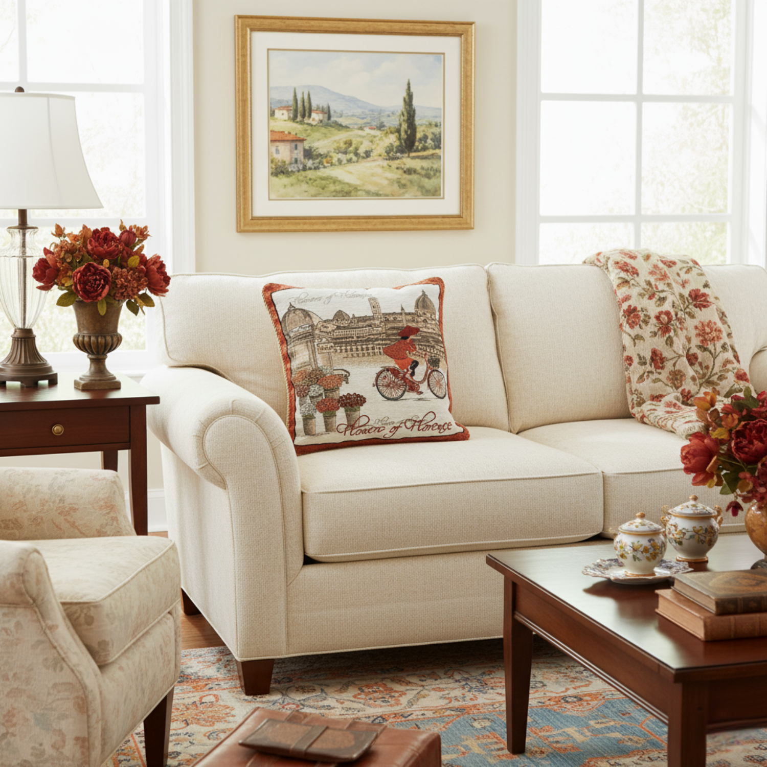 Living room with a beige sofa, armchair, and coffee table with decorative items a decorative tapestry cushion cover.