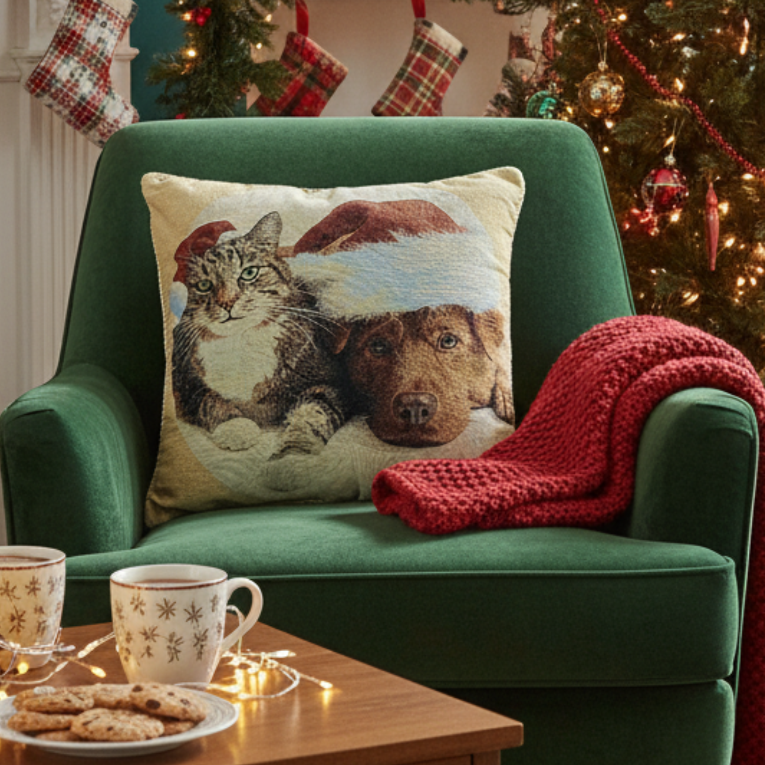 Green armchair with a decorative pillow featuring a cat and dog, red blanket, and Christmas stockings in the background.