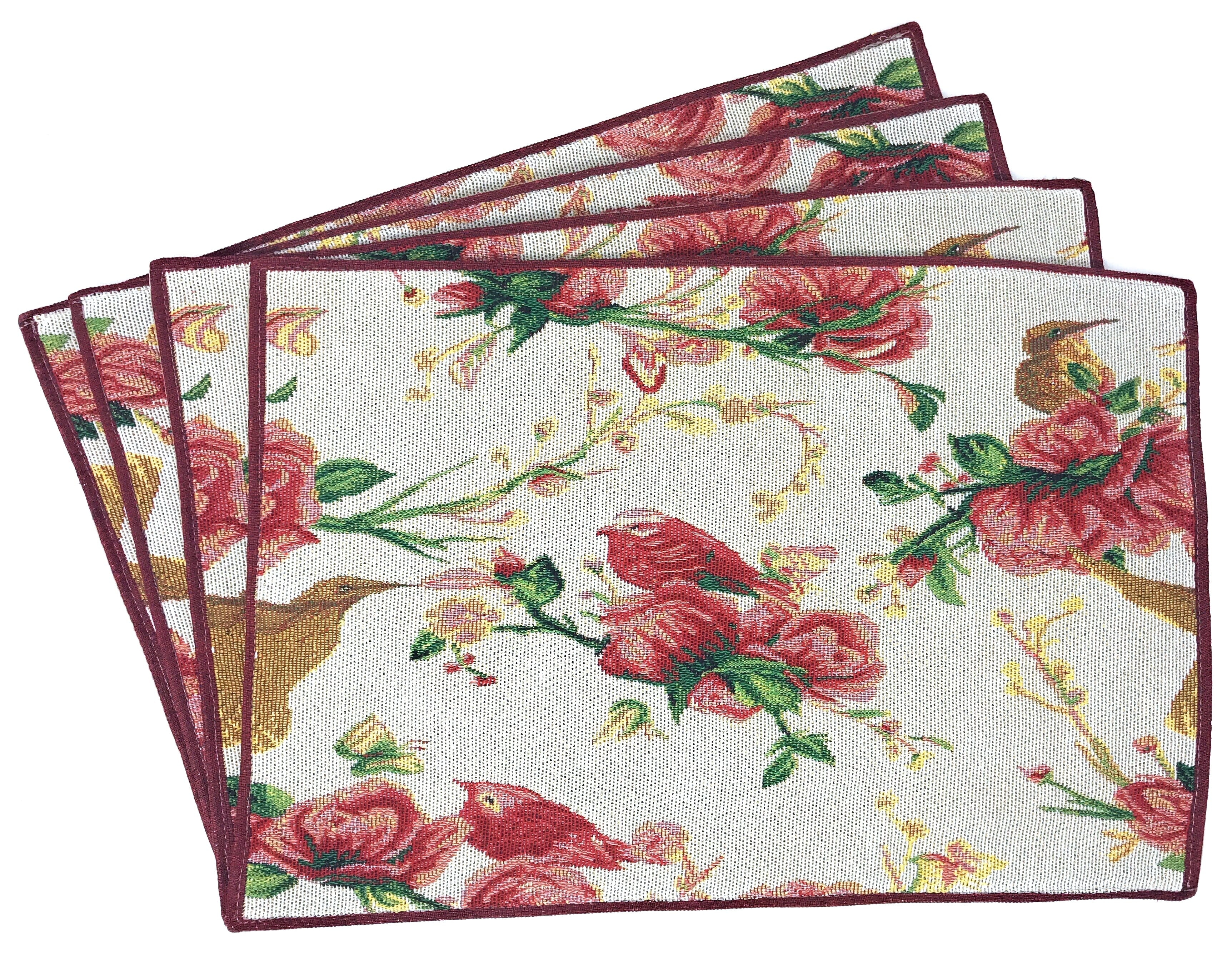 Tache Floral Red Roses Hummingbirds Woven Tapestry Placemat Set (18109) - Tache Home Fashion