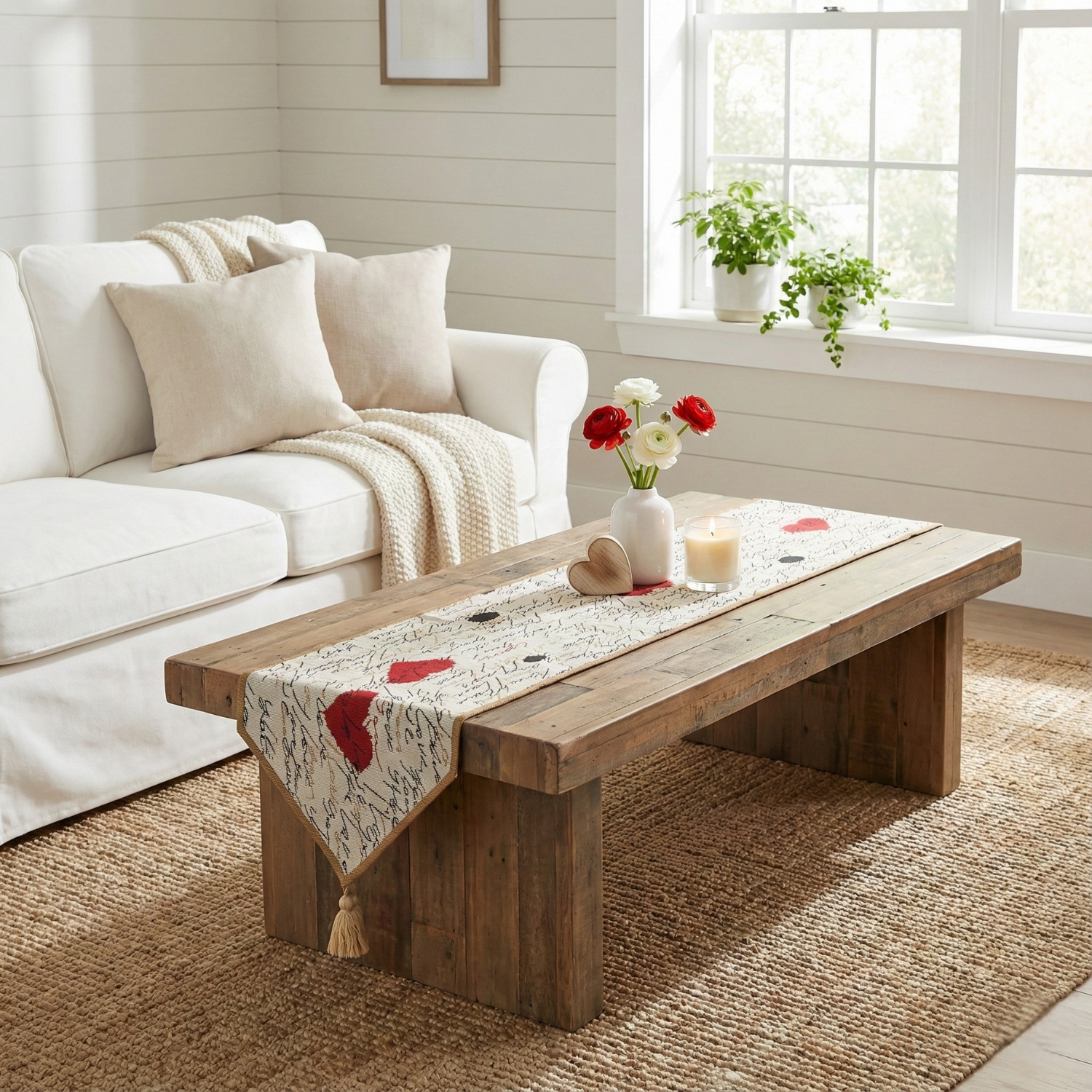 Living room with a wooden coffee table, white sofa, and decorative items Tache tapestry valentines day I love you table runner