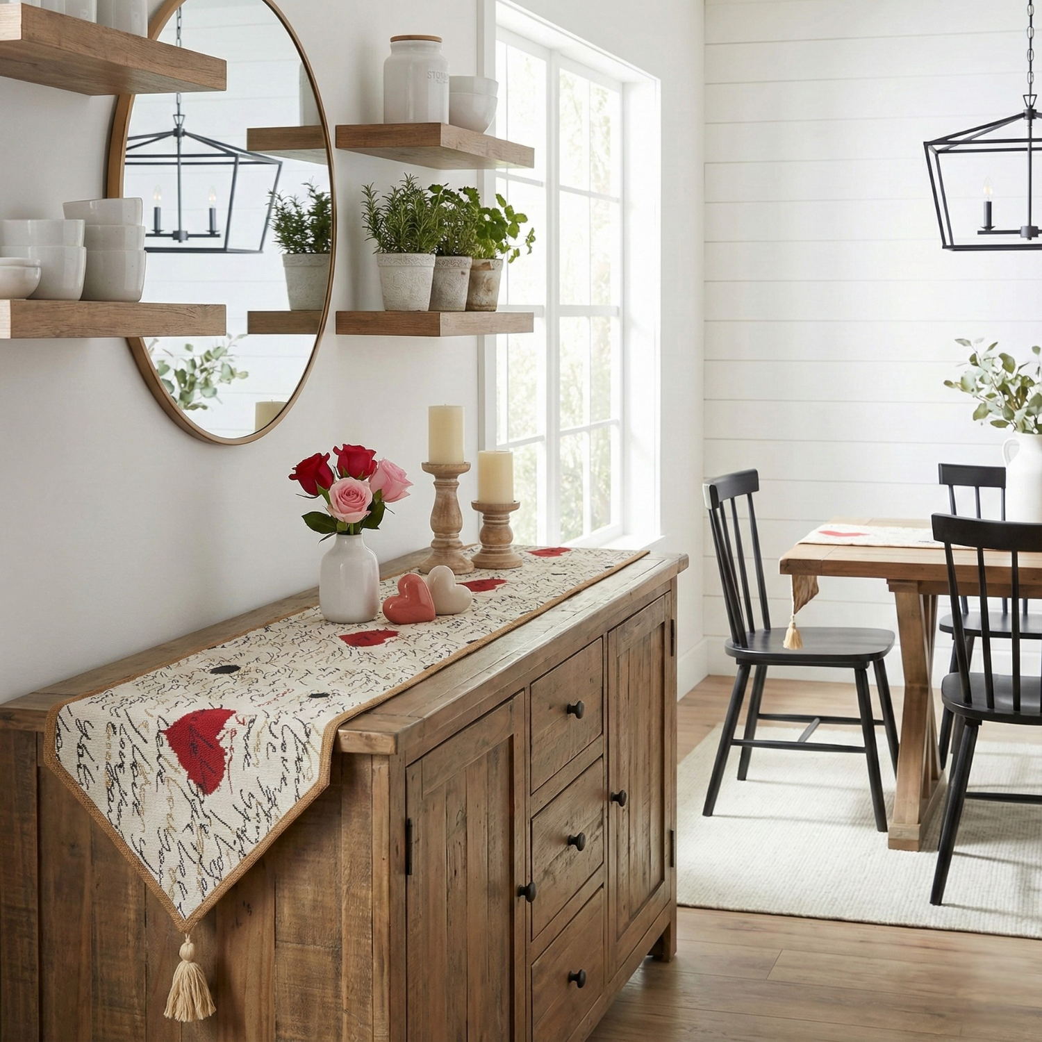 Dining room with wooden sideboard, table, and chairs and Tache tapestry valentines day I love you table runner