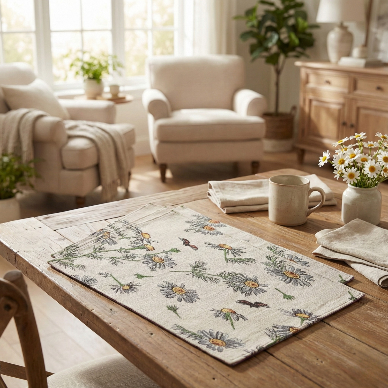 Tache Floral Daisies Ladybugs Woven Tapestry Placemat Set (18114)