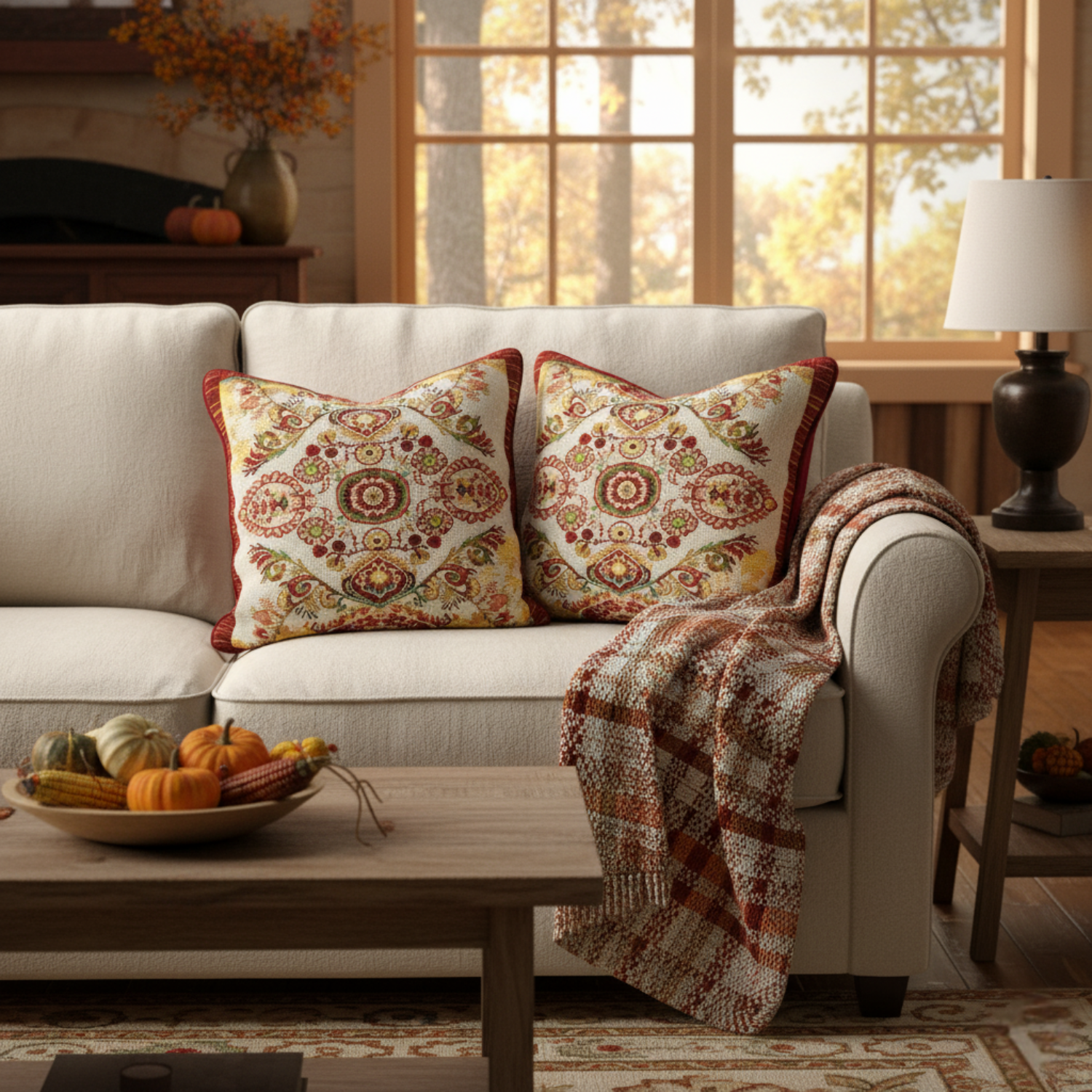 Cozy living room with a beige sofa, decorative pillows, and a small table with pumpkins.