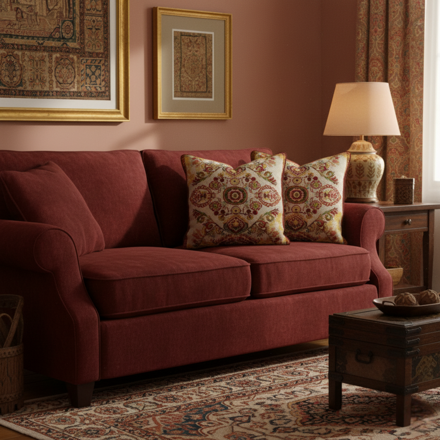 Red sofa with patterned cushions in a living room setting.