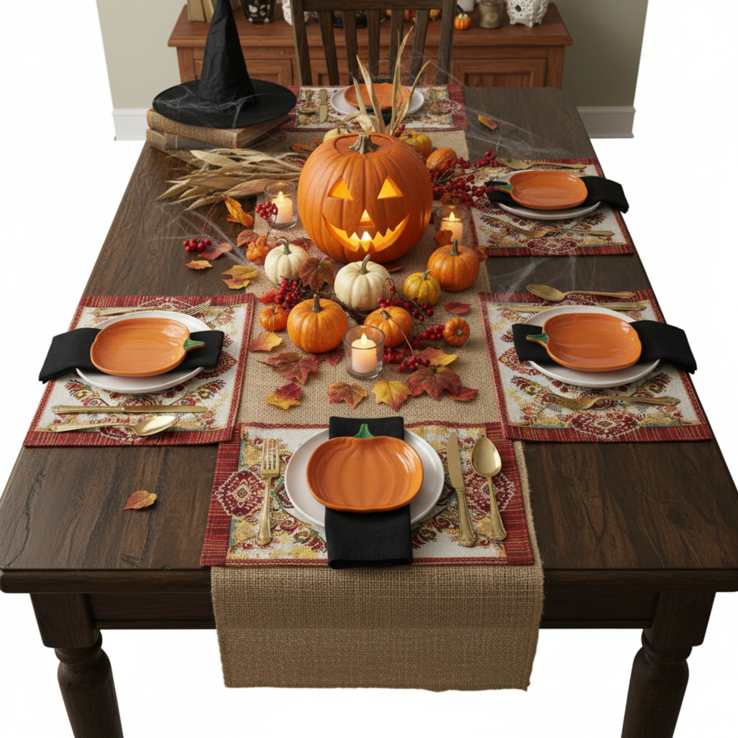 Halloween-themed table setting with pumpkins, candles, and decorative items on a wooden table.