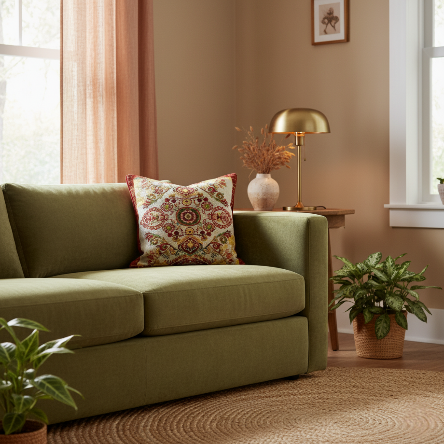 Green sofa with decorative pillow in a living room setting with plants and a lamp.