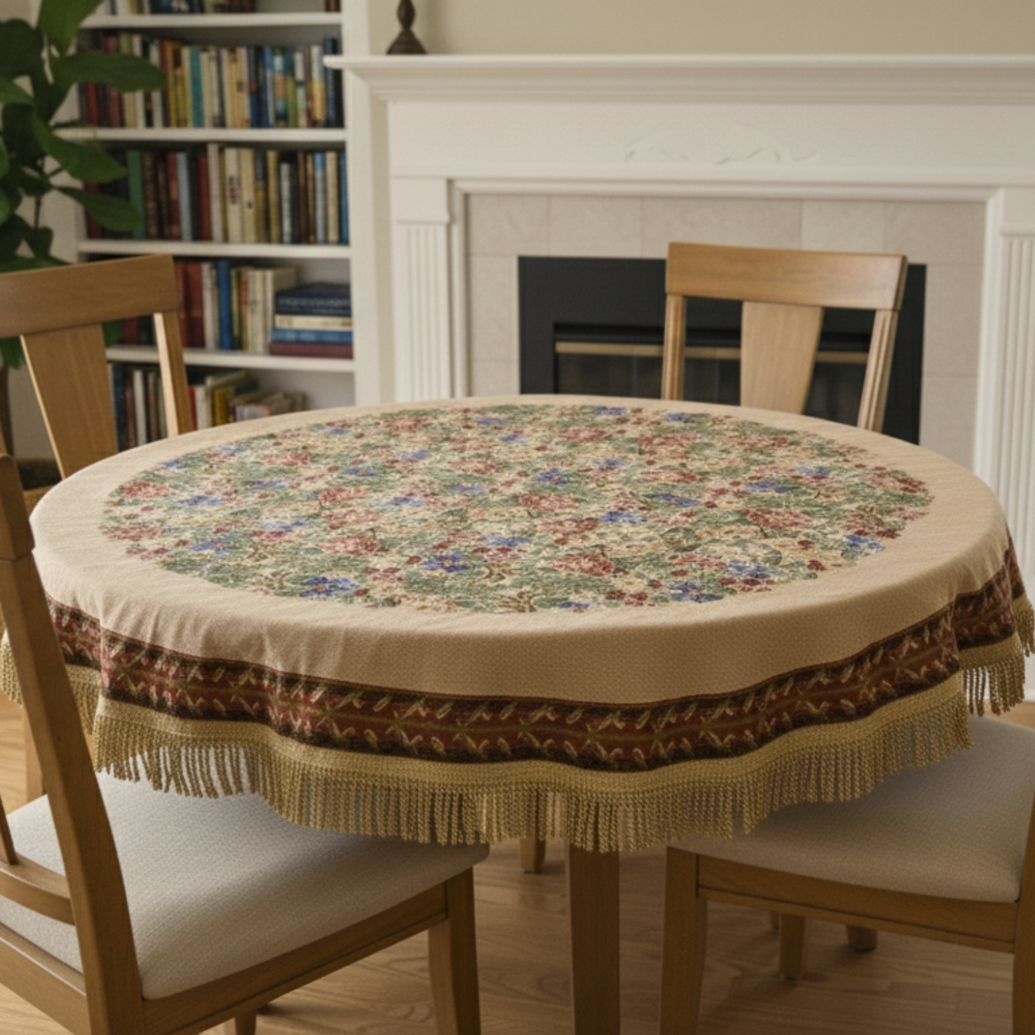 Round table with a floral-patterned tablecloth in a cozy room with books and a fireplace.