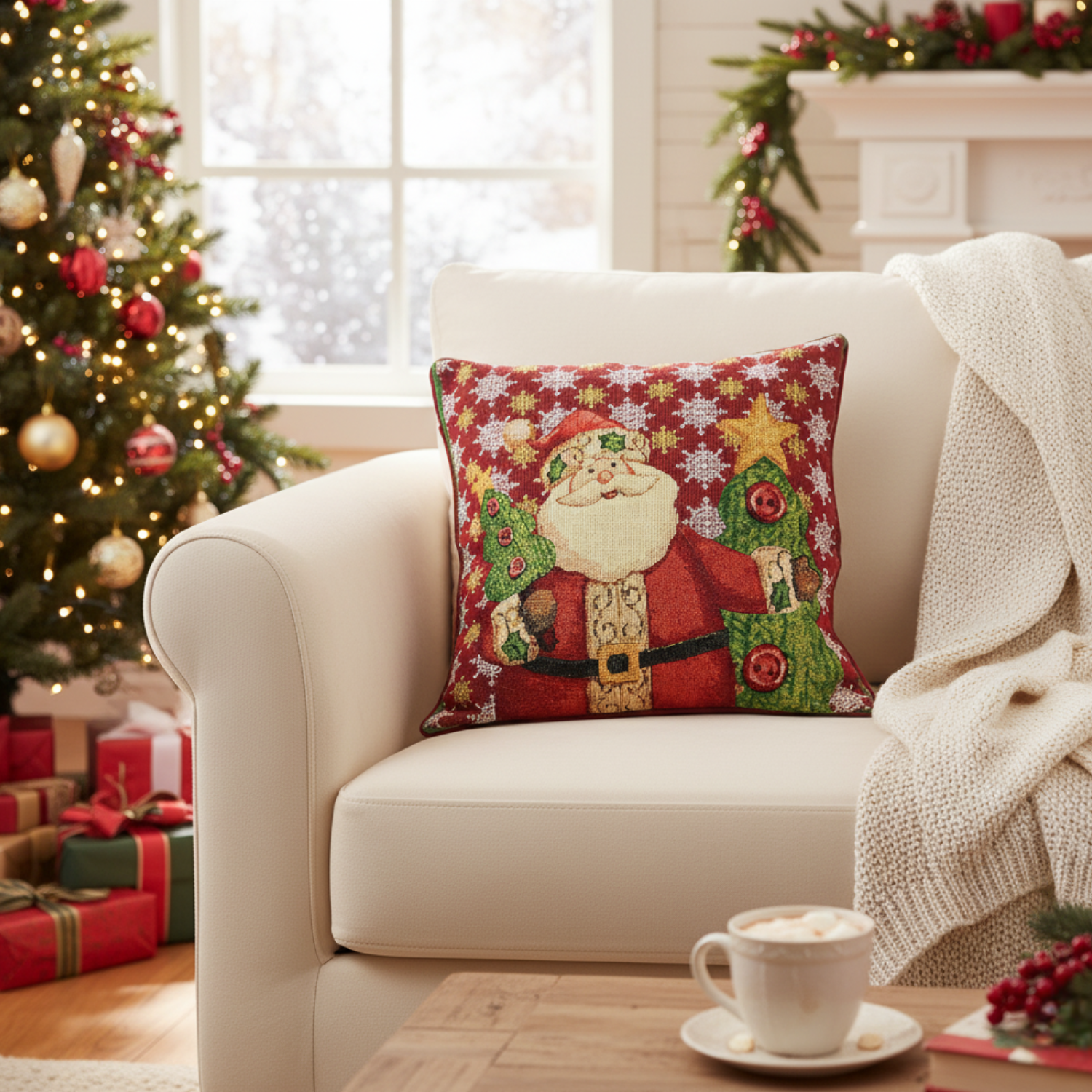 Decorative pillow with Santa Claus on a couch in a festive living room.