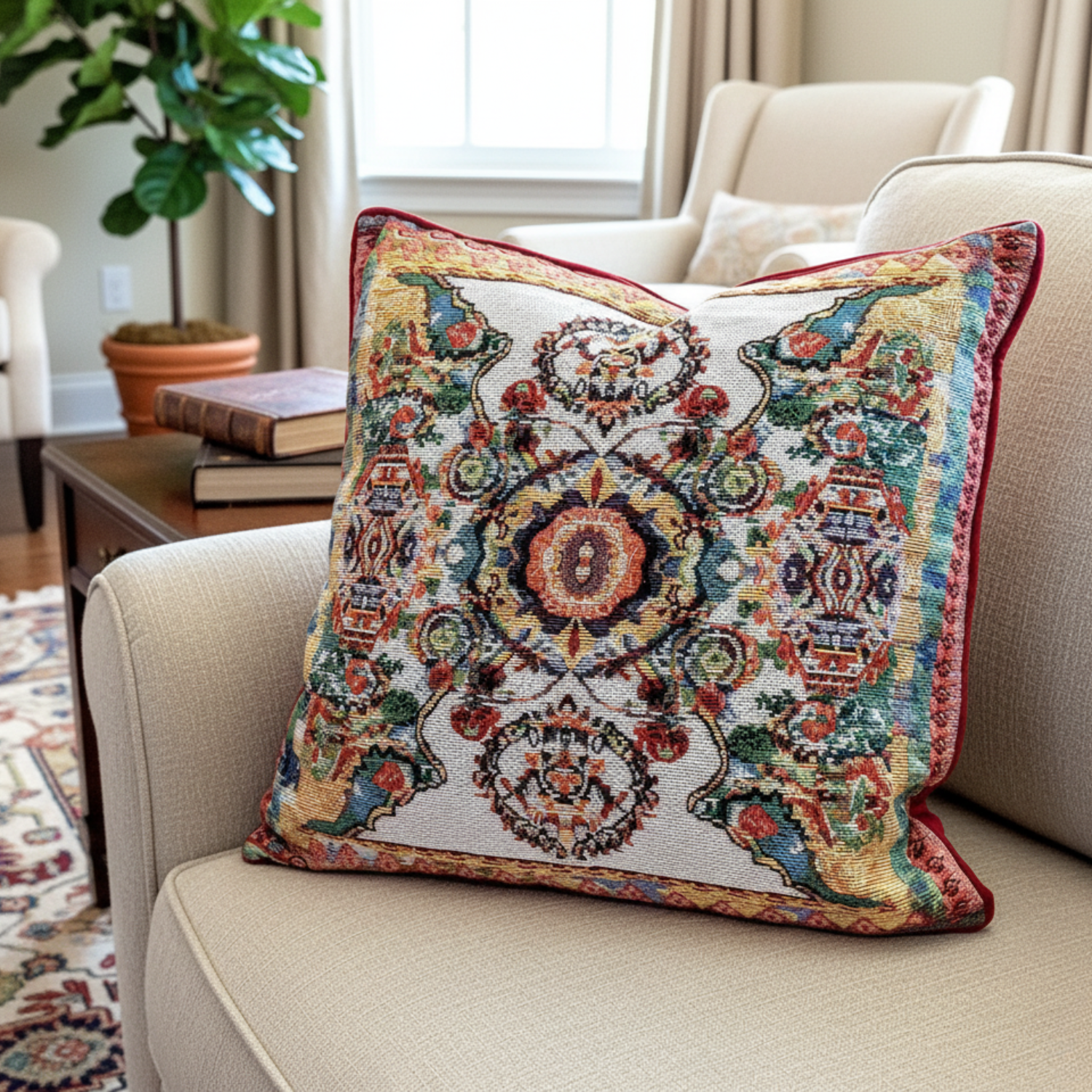 Tache Elegant Ivory Colorful Ornate Paisley Woven Tapestry Throw Pillow Cover (18193)