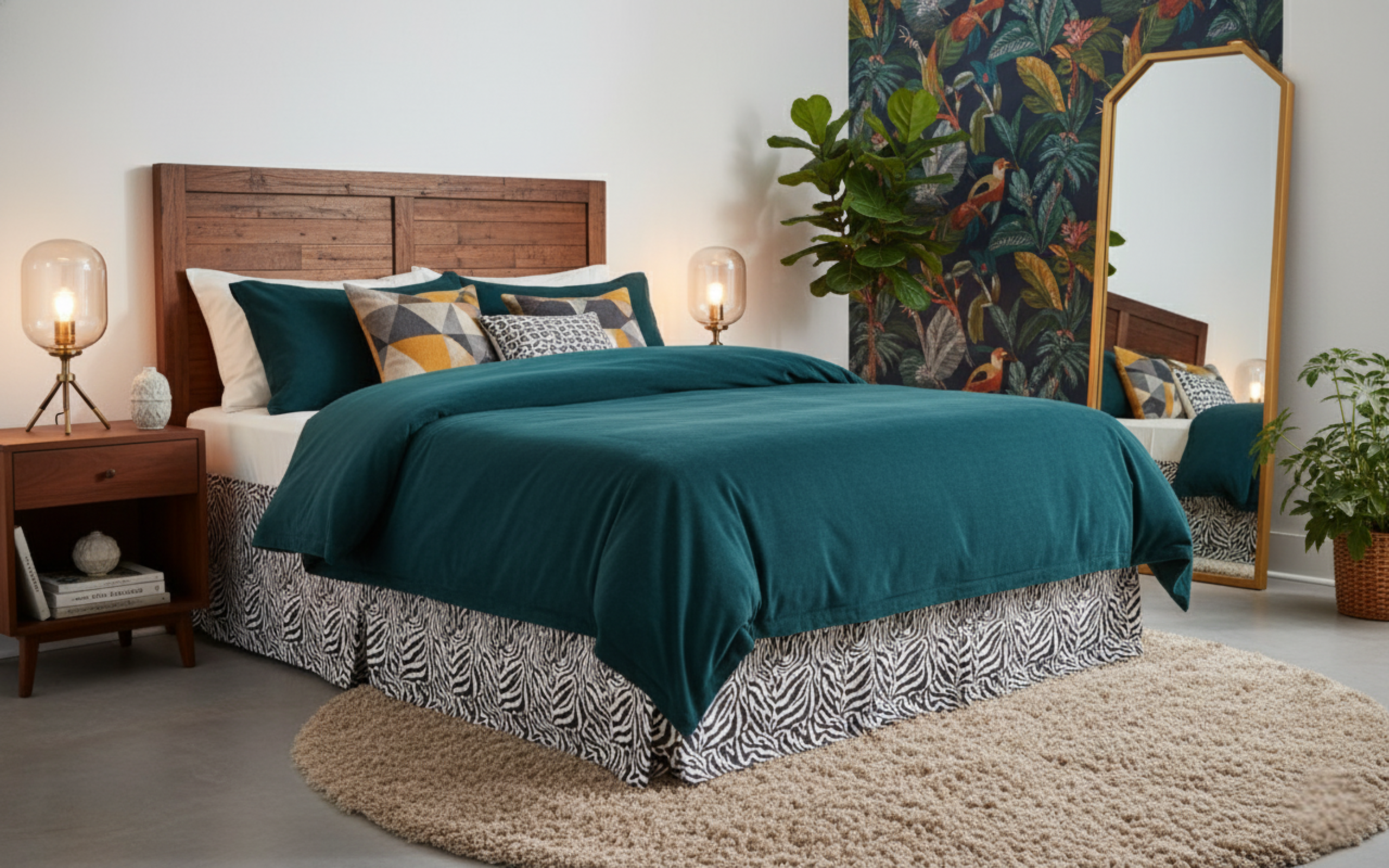 Teal comforter on a bed in a bedroom with decorative elements and zebra bed skirt