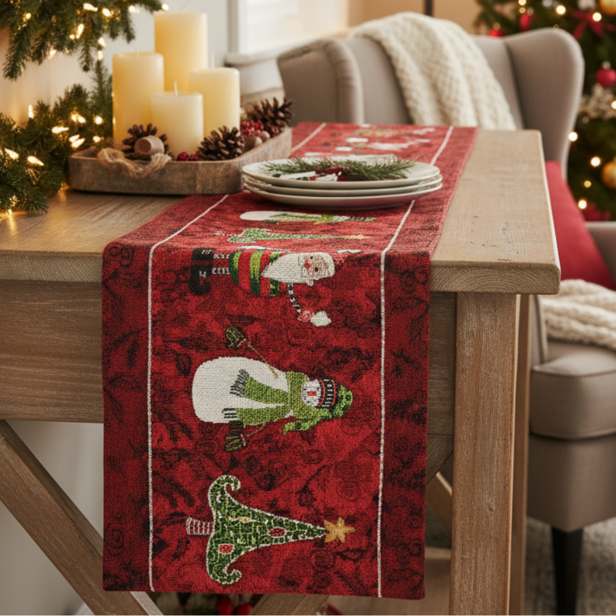 Decorative Christmas Tapestry Red Santa table setting with a red table runner featuring Santa Claus and Christmas trees.