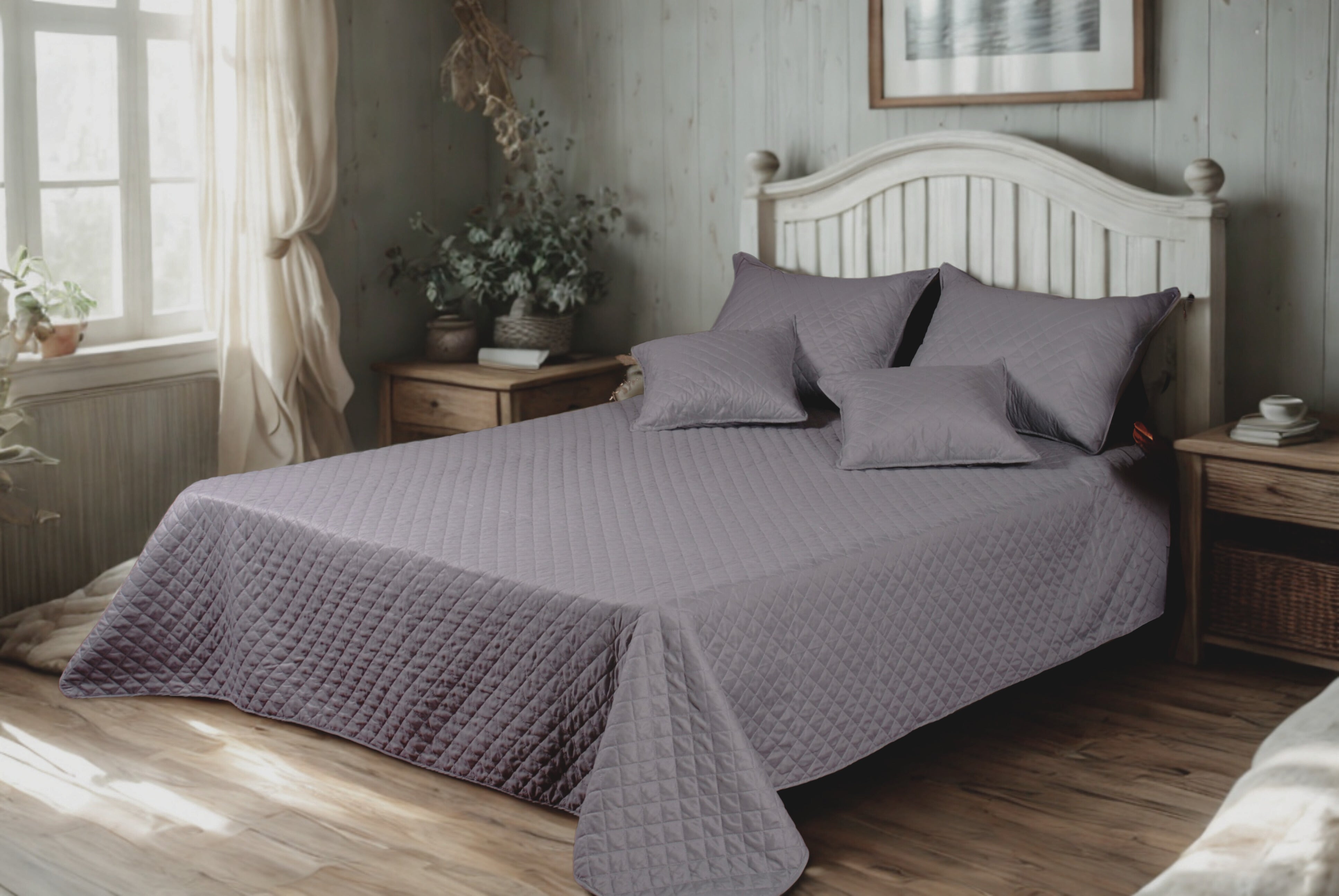 Elegant bedroom with a cozy, matelasse gray bedspread set, featuring a diamond-stitched pattern and matching pillow shams, styled on a rustic wooden bed with a white headboard and natural wood nightstands