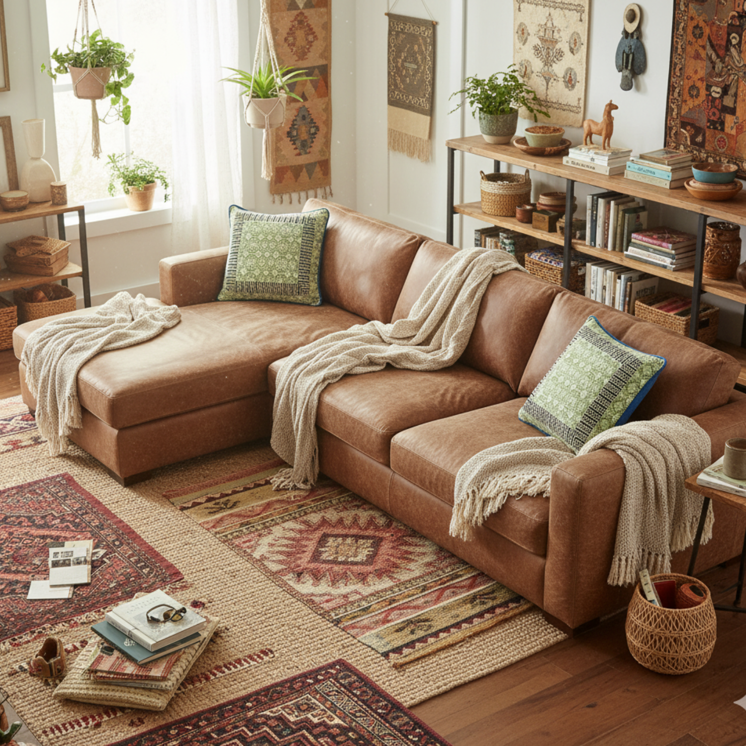 Tache Cotton Teal Blue Green Paisley Bohemian Ocean Cushion Cover in Cozy living room with brown sectional sofa, patterned rug, and bookshelf.