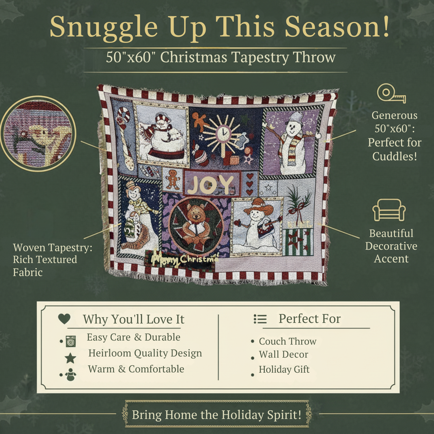 Christmas-themed tapestry throw with decorative elements on a green background