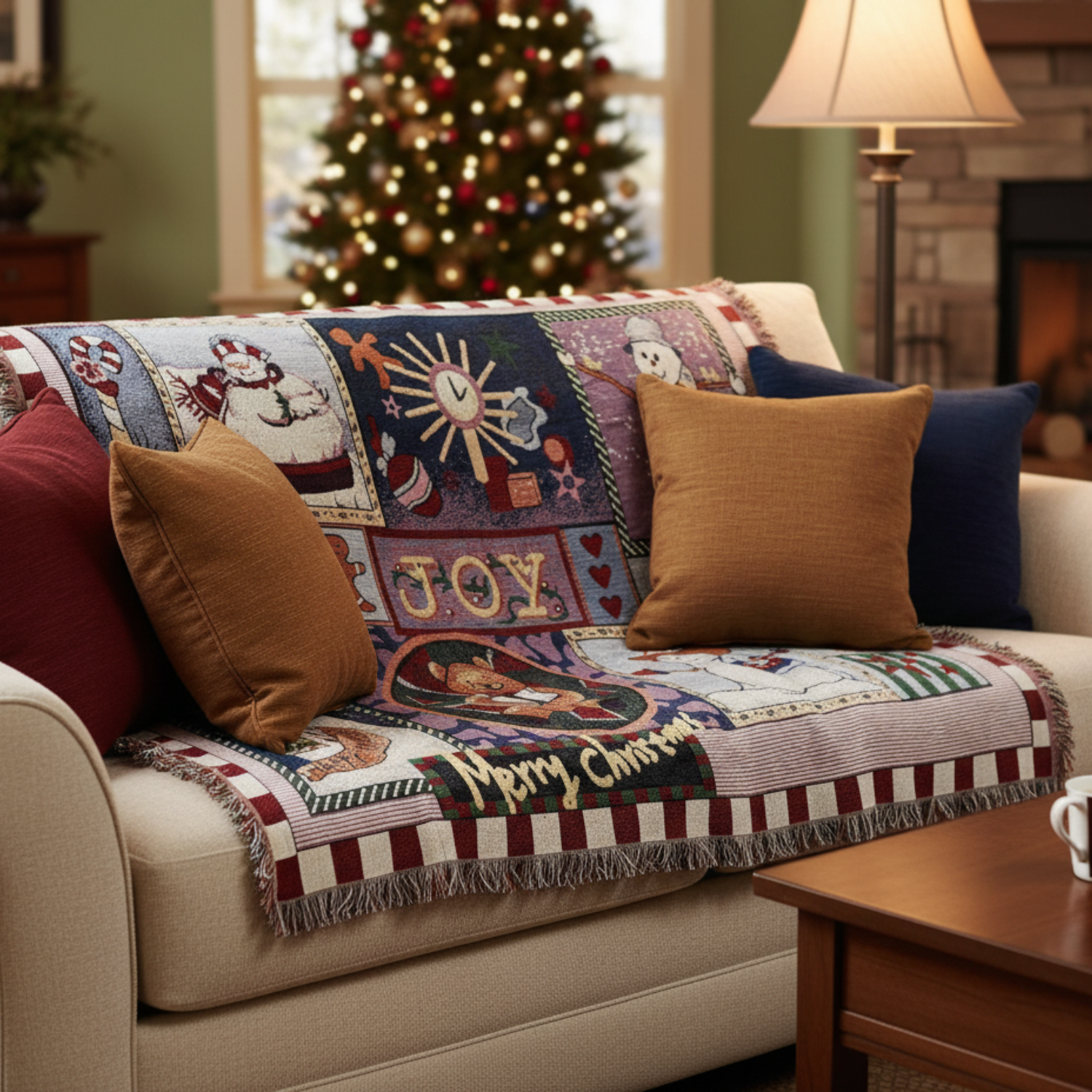 Decorative Christmas throw blanket on a couch with pillows in a cozy living room.