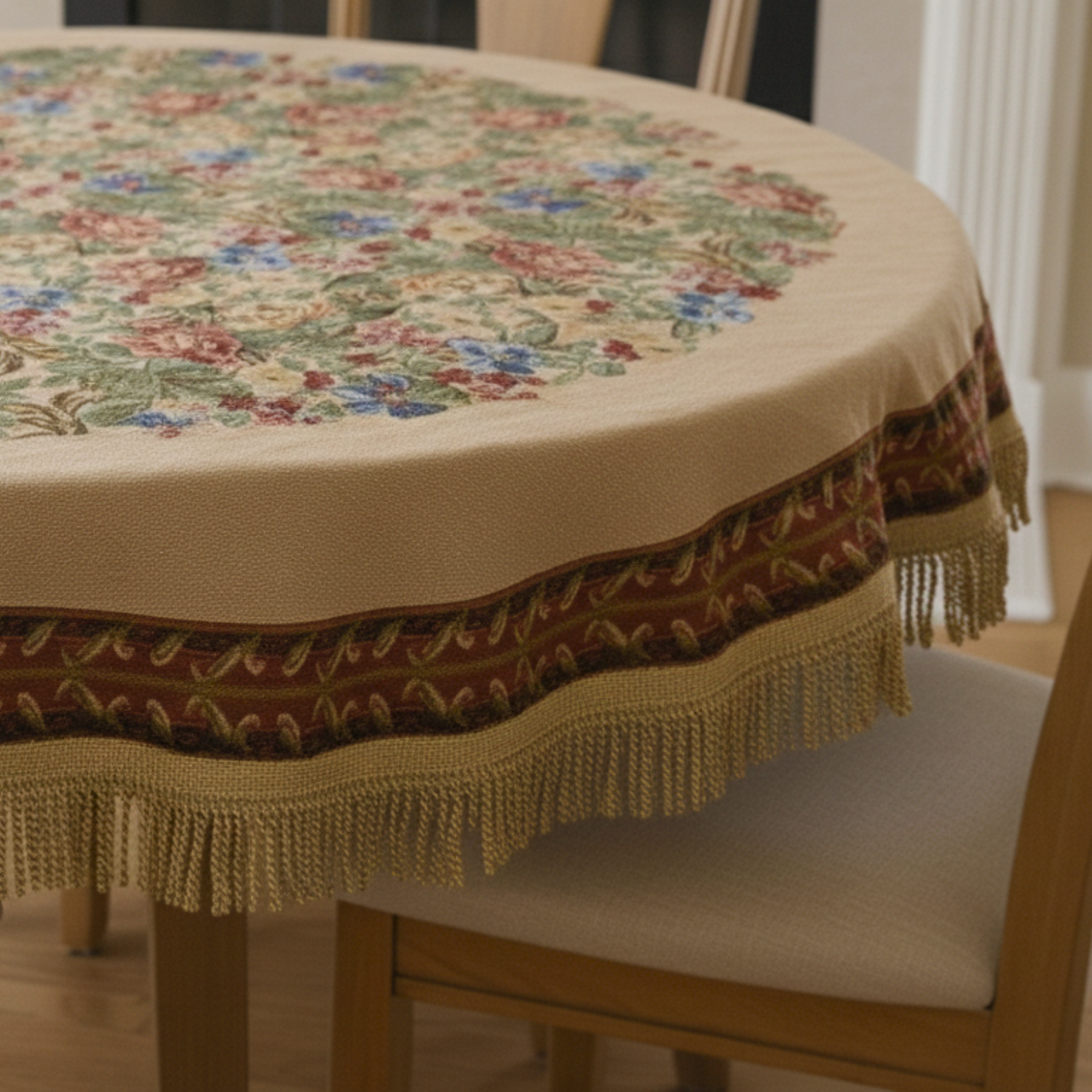 Round tablecloth with floral pattern and fringes on a dining table