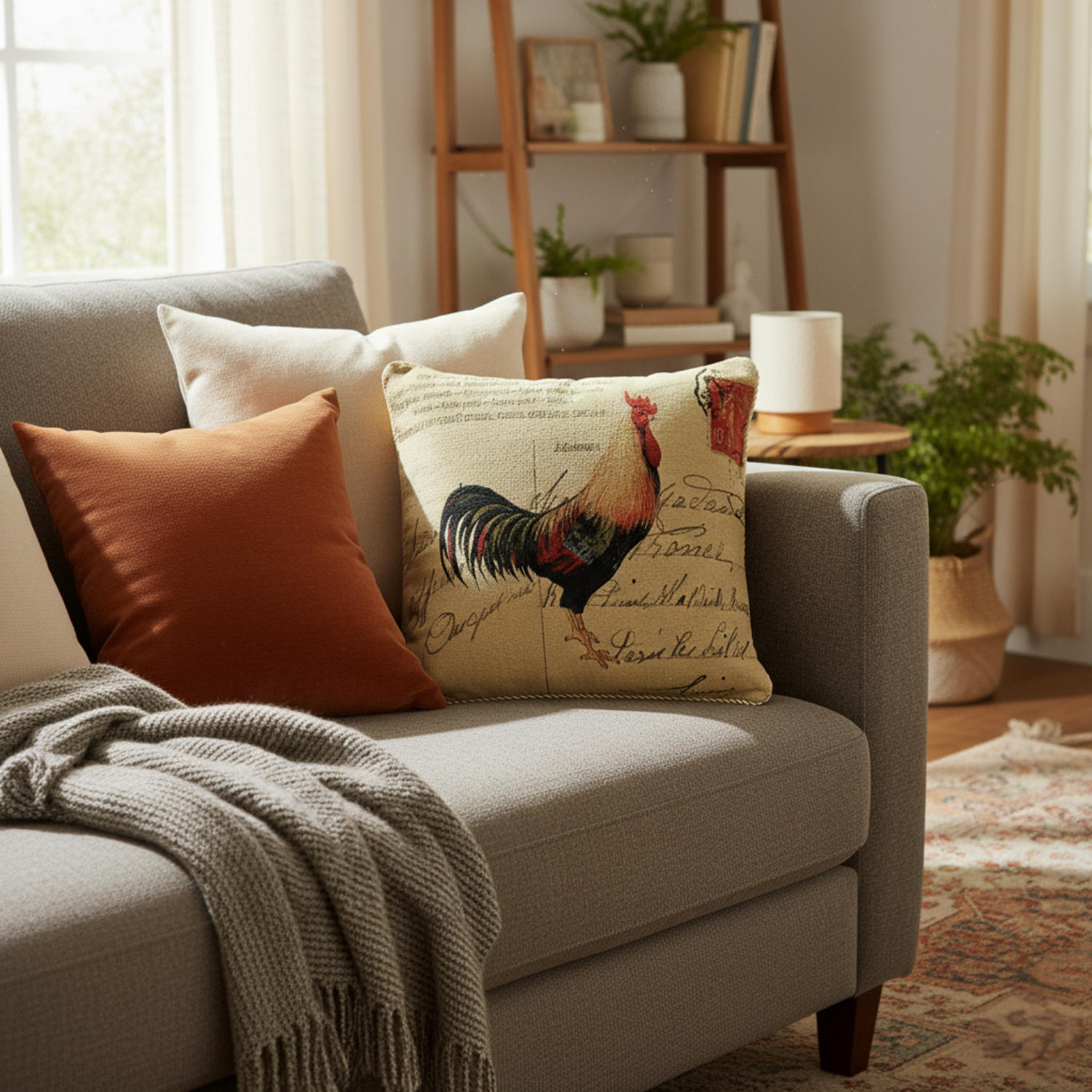 Gray sofa with decorative pillows with rooster pattern and a blanket in a cozy living room.
