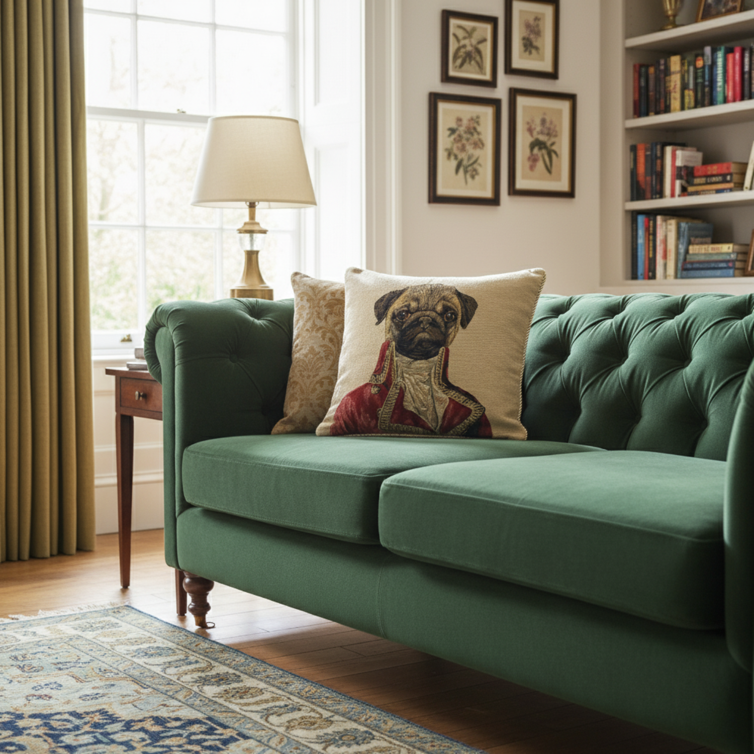 Green sofa with a decorative pillow featuring a pug design in a living room setting.
