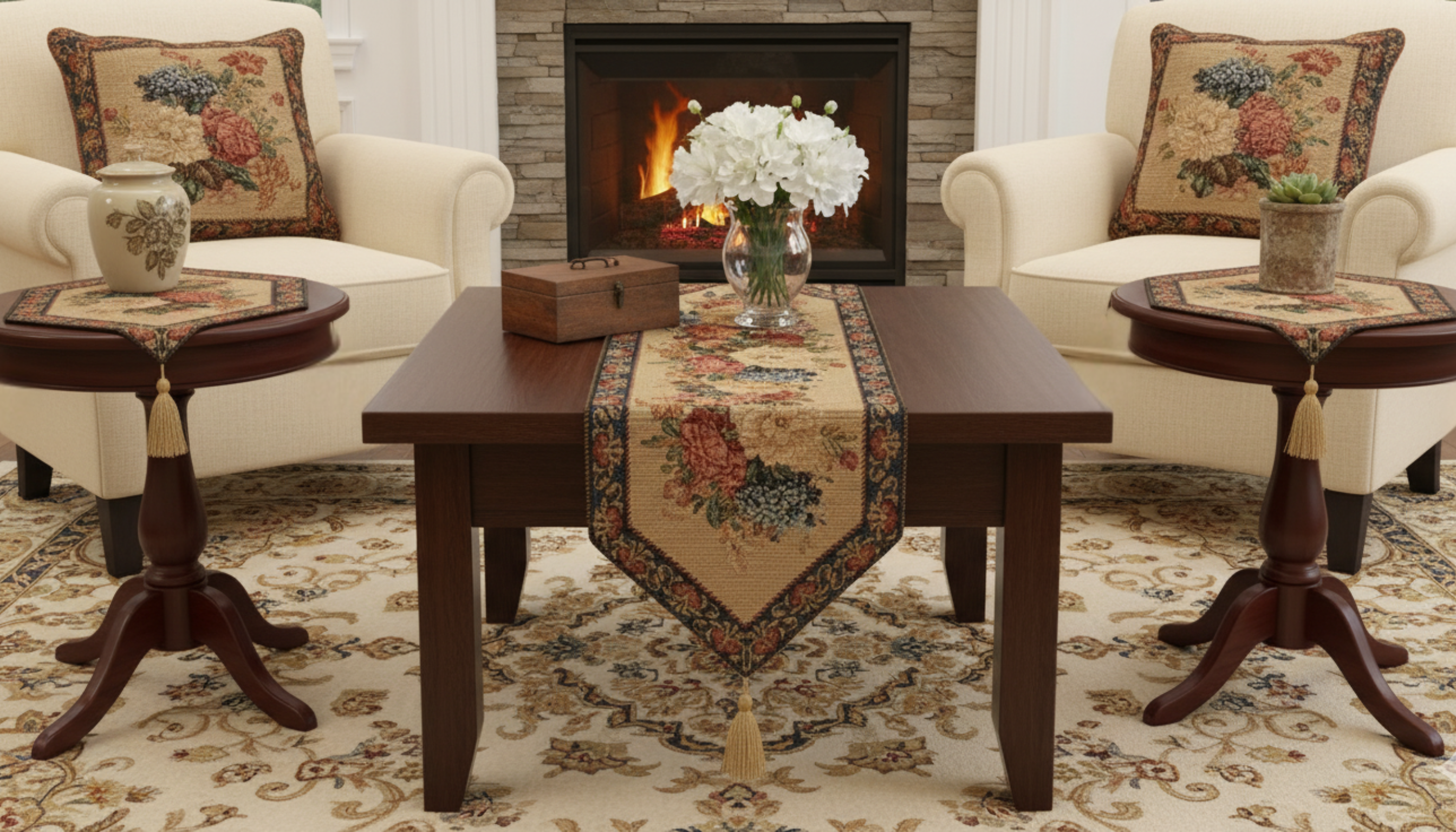 Living room with a fireplace, floral-patterned table runner, and decorative pillows.
