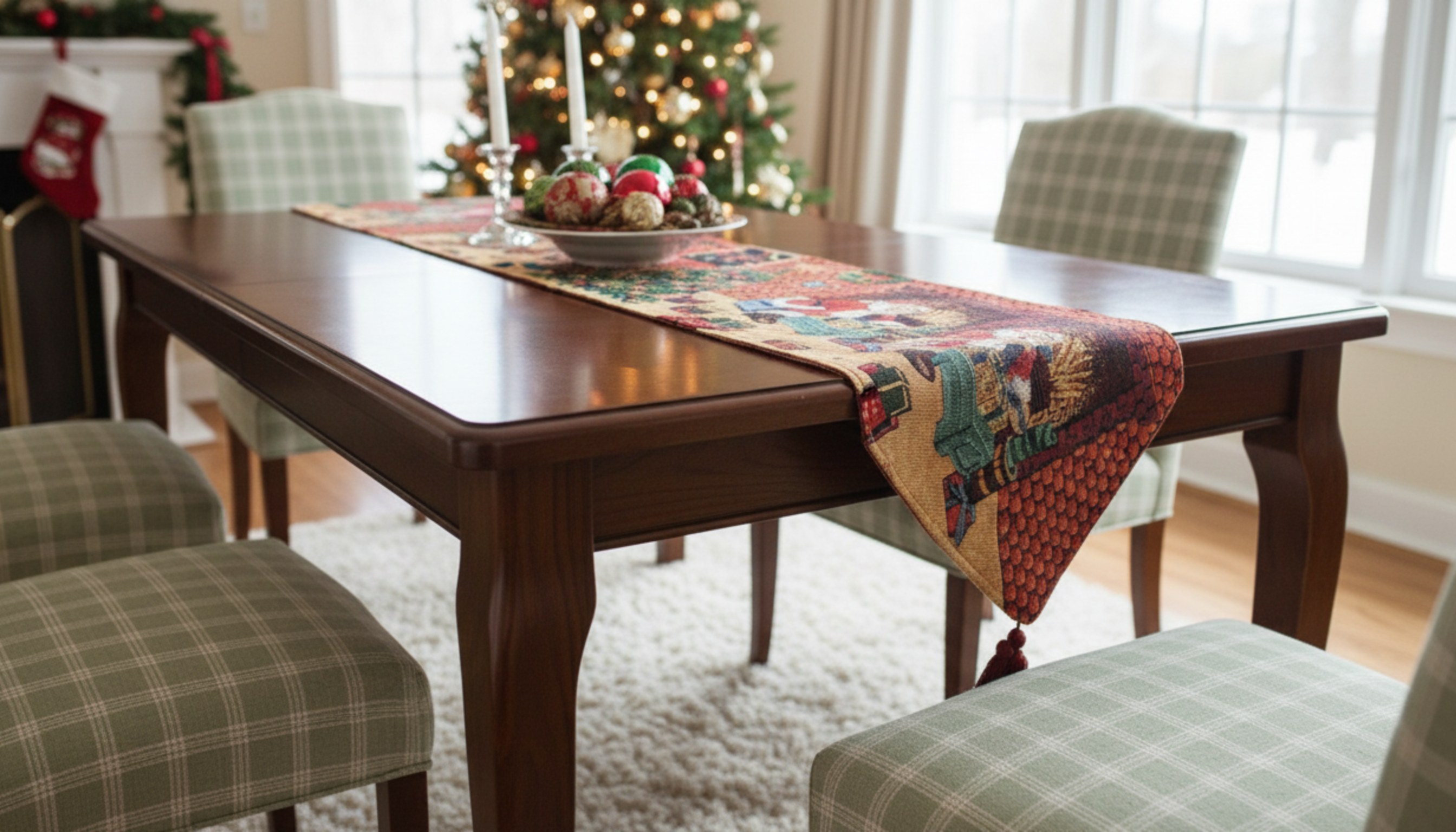 Dining room with a wooden table set for Christmas, featuring a colorful orange brown Christmas table runner and plaid chairs.