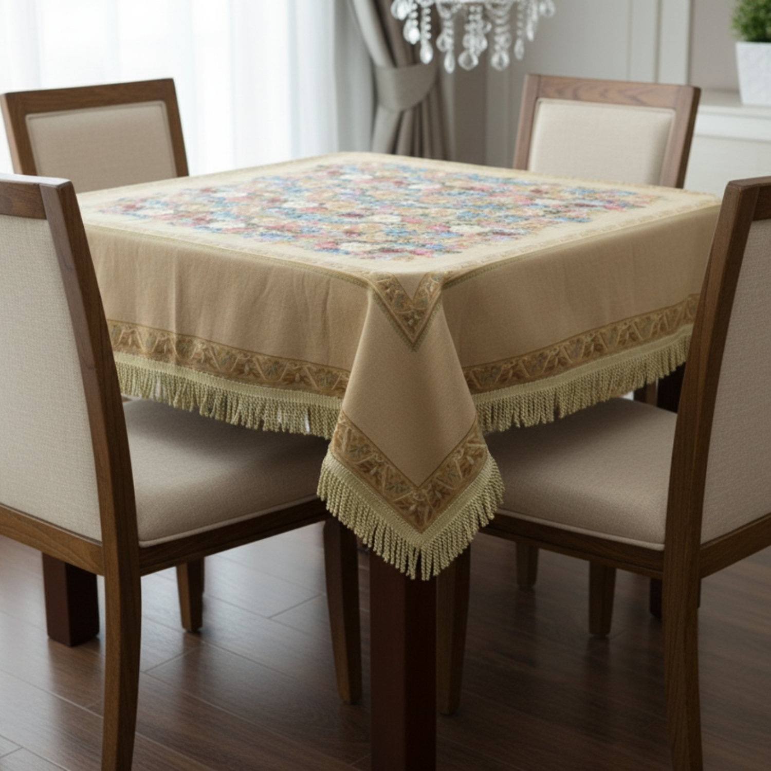 Dining table with a decorative tablecloth and chairs in a room with a chandelier.