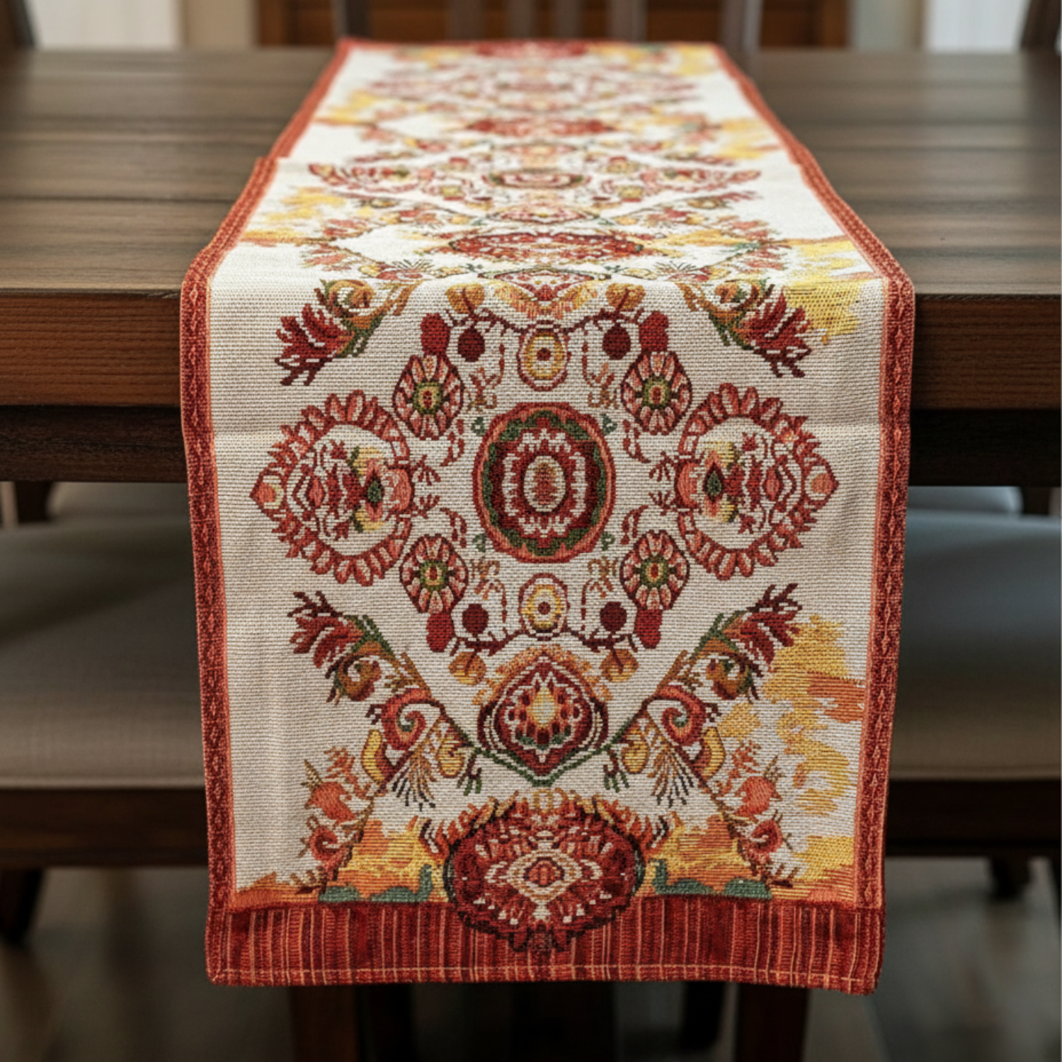 Decorative table runner with intricate patterns on a wooden table.