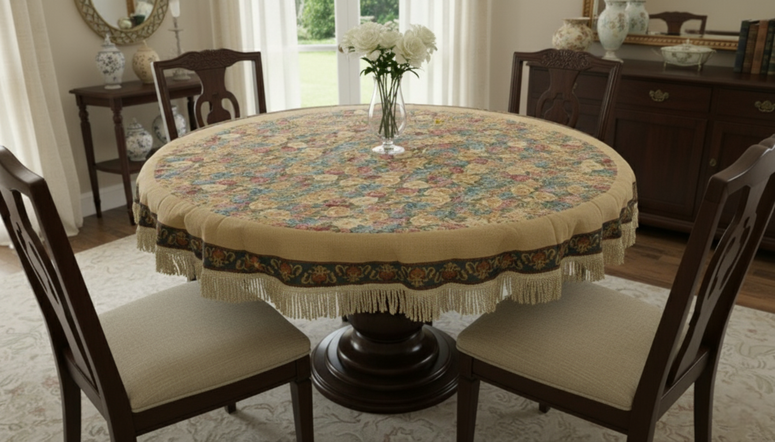 Round dining table with a patterned tablecloth in a room with chairs and decor.