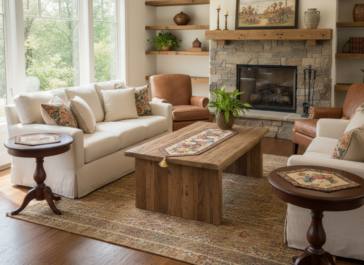 Tache 3pc Table Runner Set Living room with a white sofa, wooden coffee table, and fireplace.