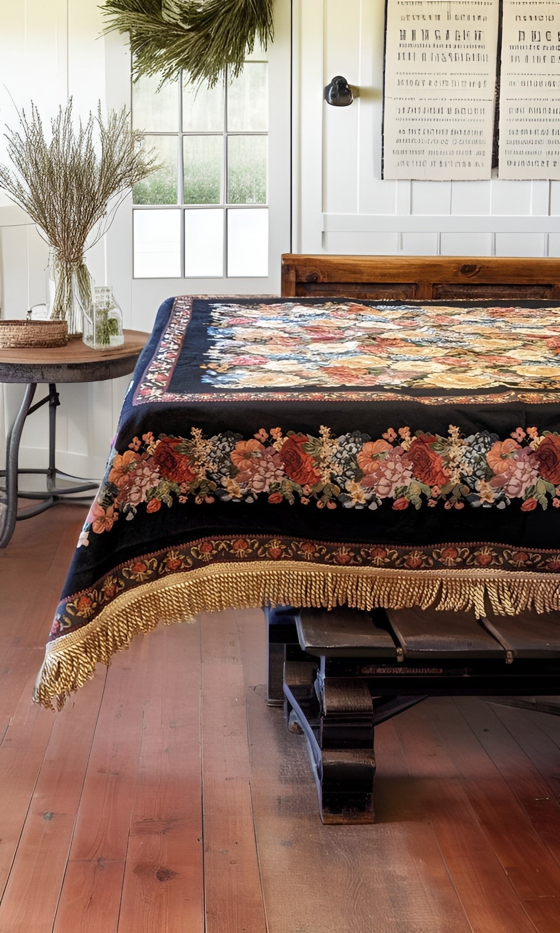 Tache Country Rustic Floral Black Midnight Awakening Tablecloth (3089BL) - Tache Home Fashion