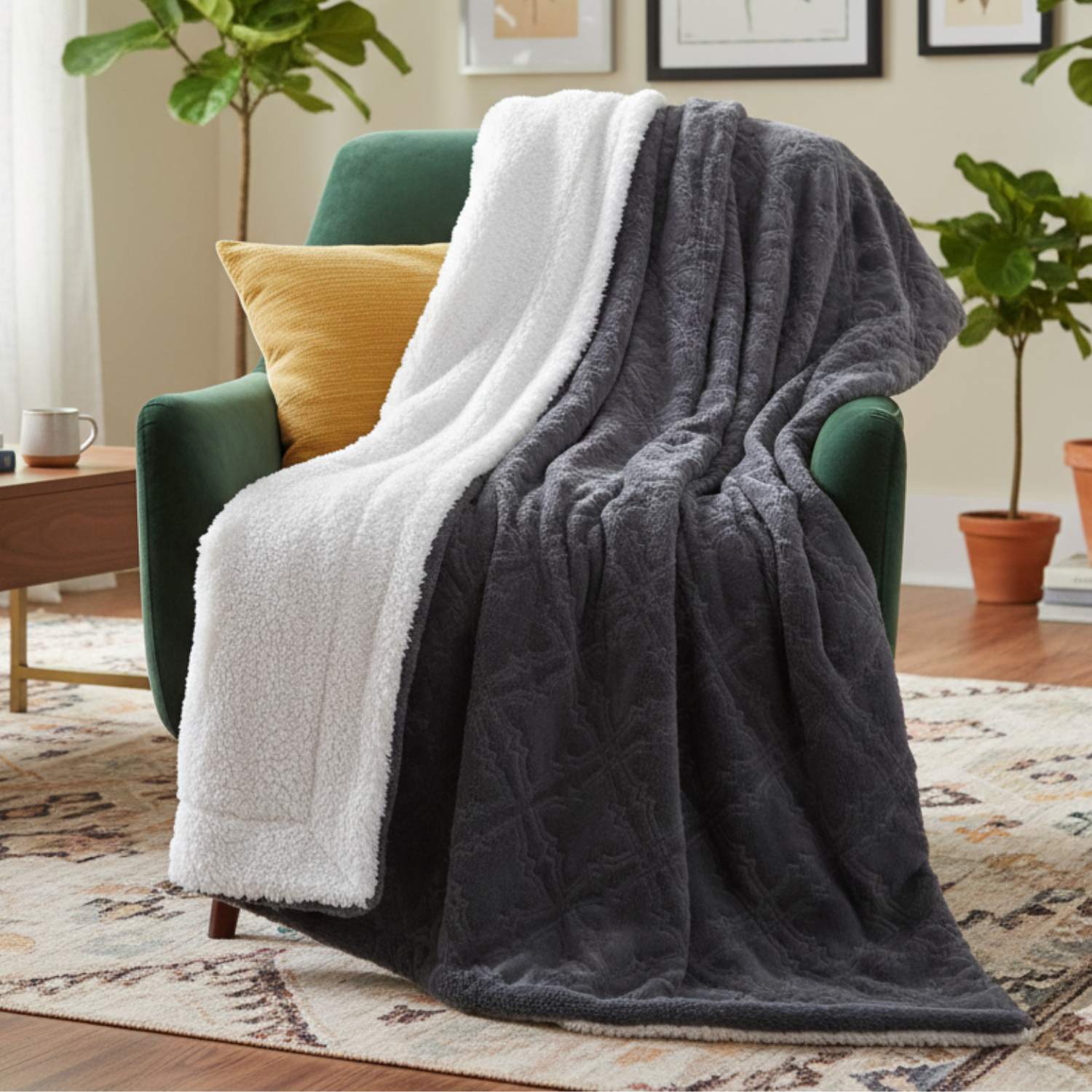 Dark Steal Blue and white textured faux fur throw blankets draped over a green chair in a living room setting.