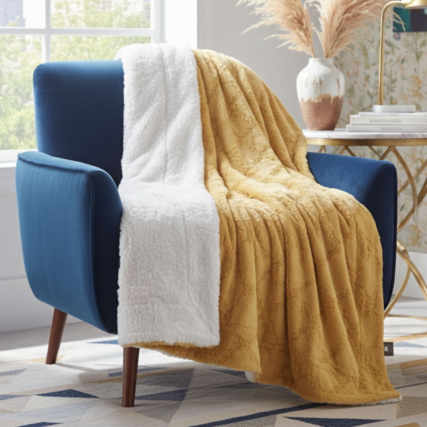 Yellow and white faux fur throw blanket draped over a blue chair in a room with a window and decorative elements.