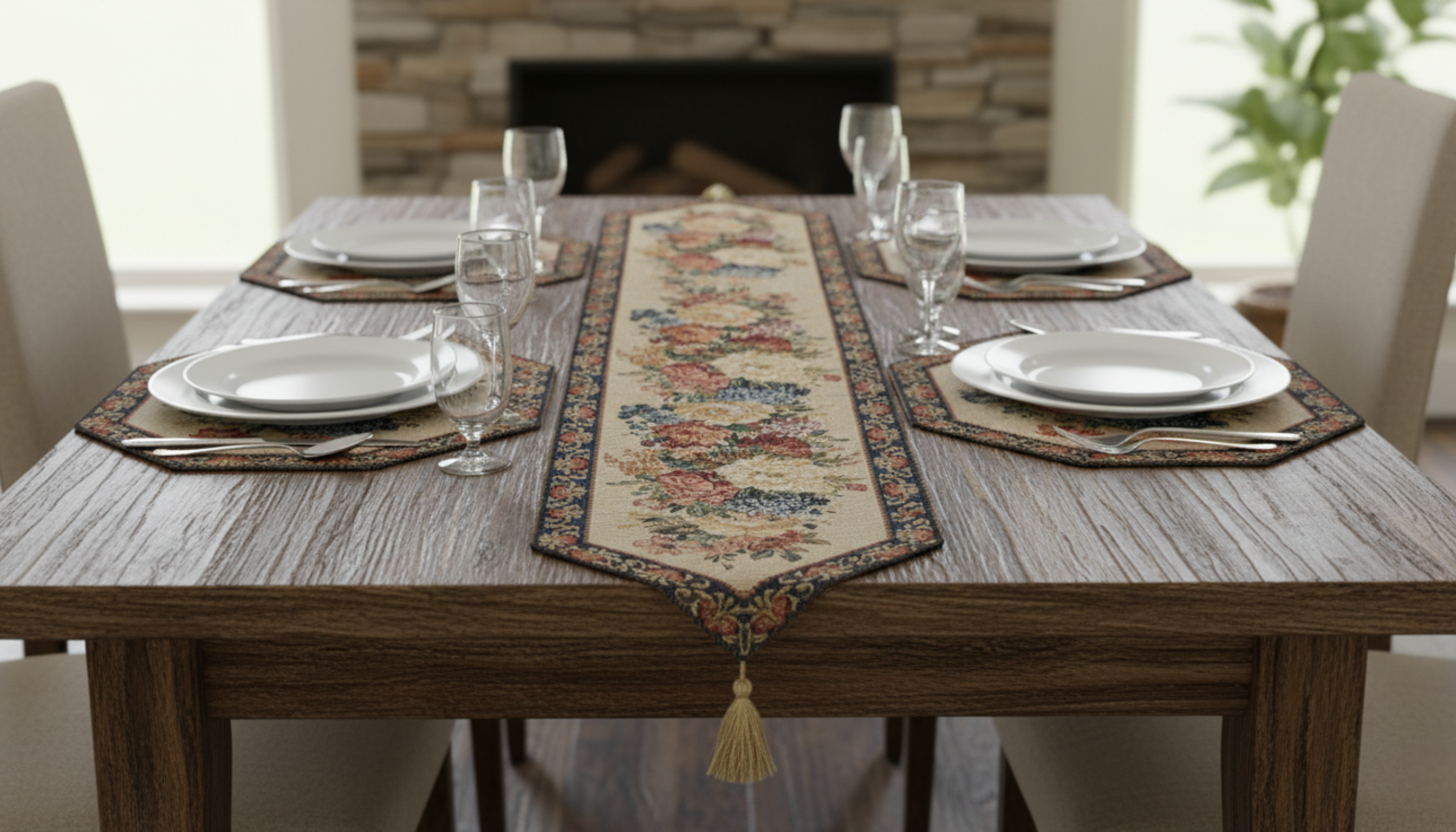 Dining table set with place settings, glasses, and a decorative table runner.