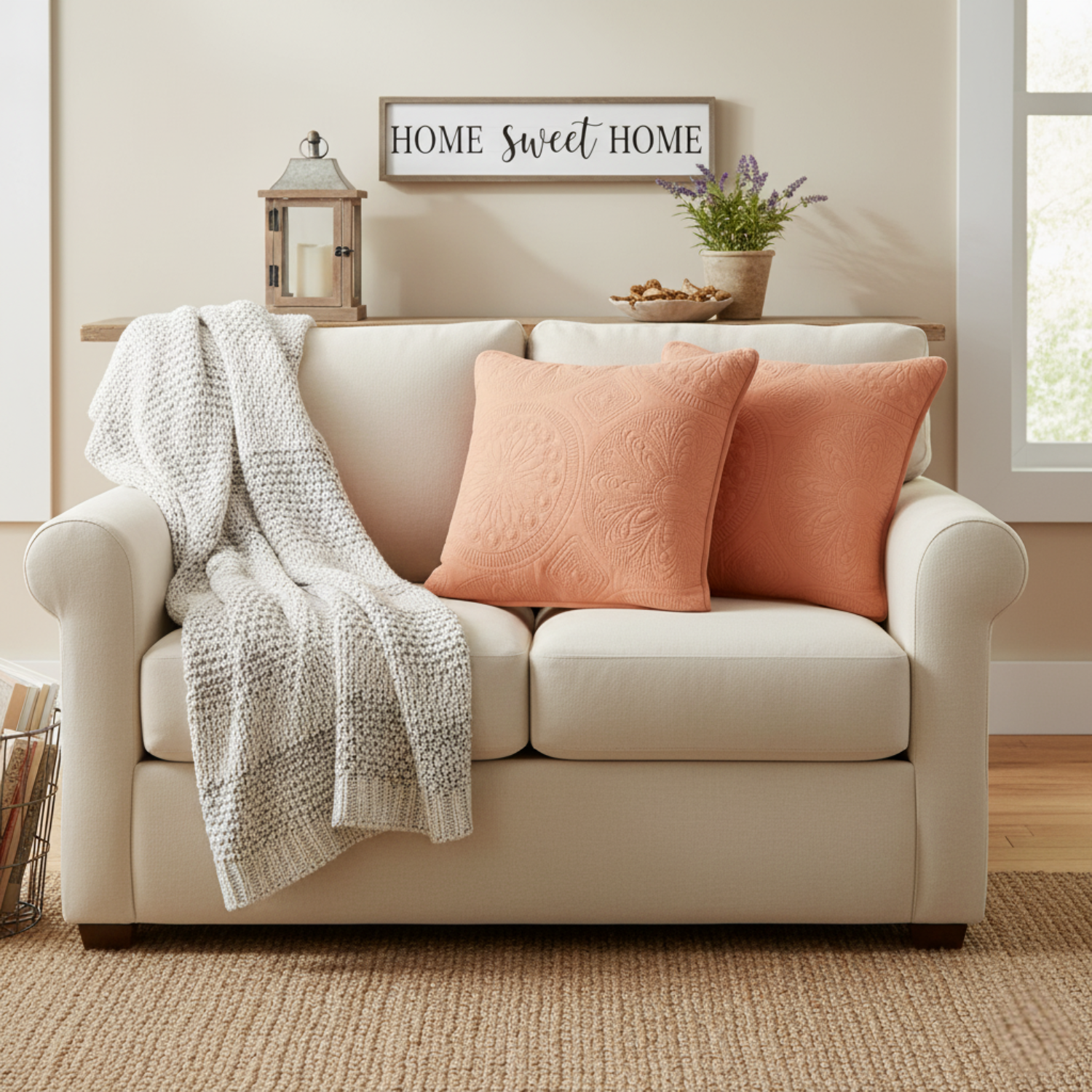 Beige sofa with pink pillows and a 'Home Sweet Home' sign in a living room.