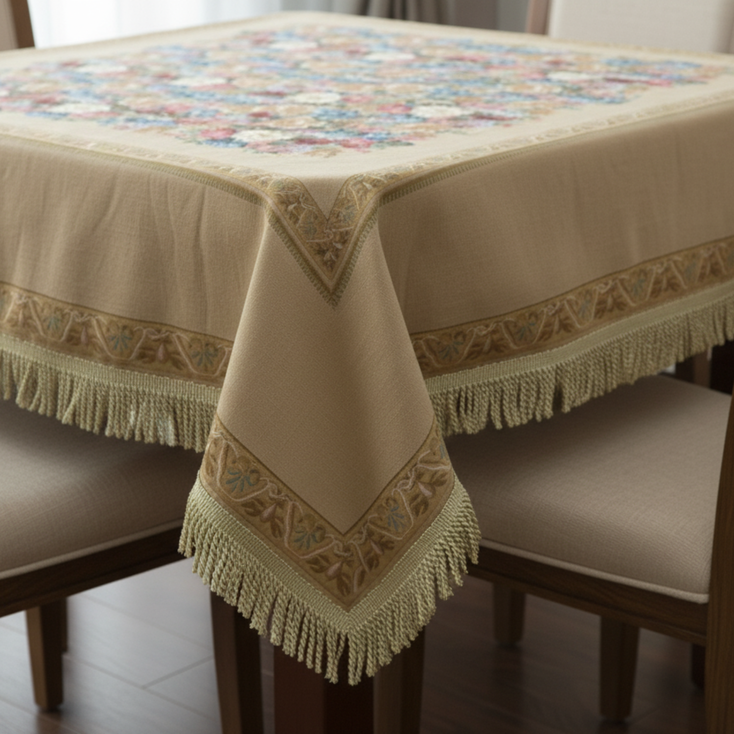 Decorative tablecloth with intricate patterns and fringes on a table.