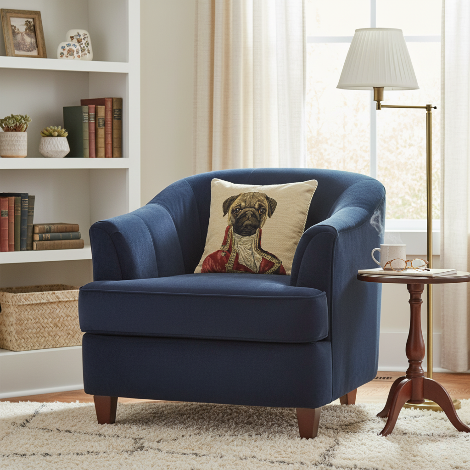 Navy blue armchair with a decorative pillow featuring a dog illustration in a living room setting.