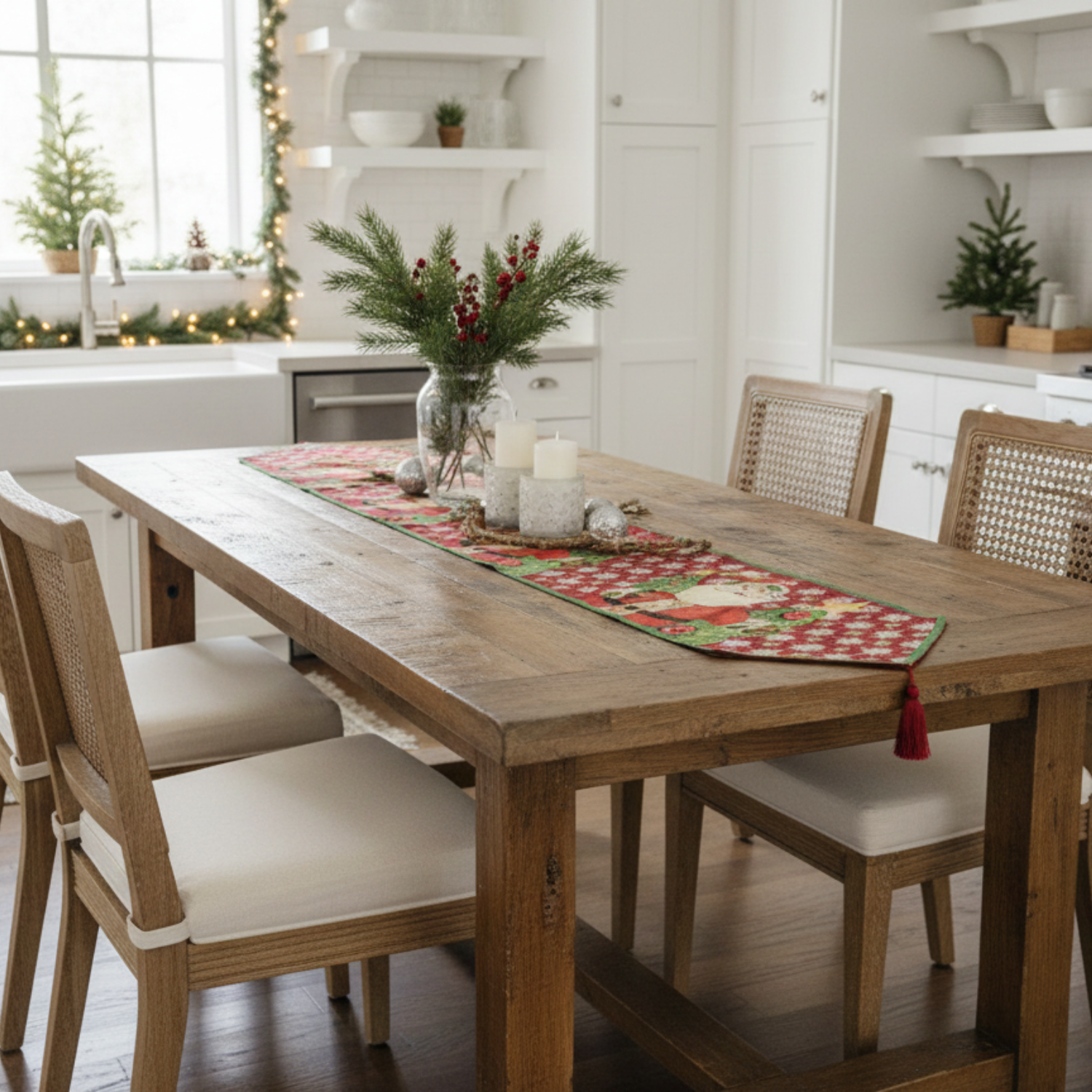 Dining room with a wooden table set for a meal, decorated with a Christmas-themed runner and centerpieces.