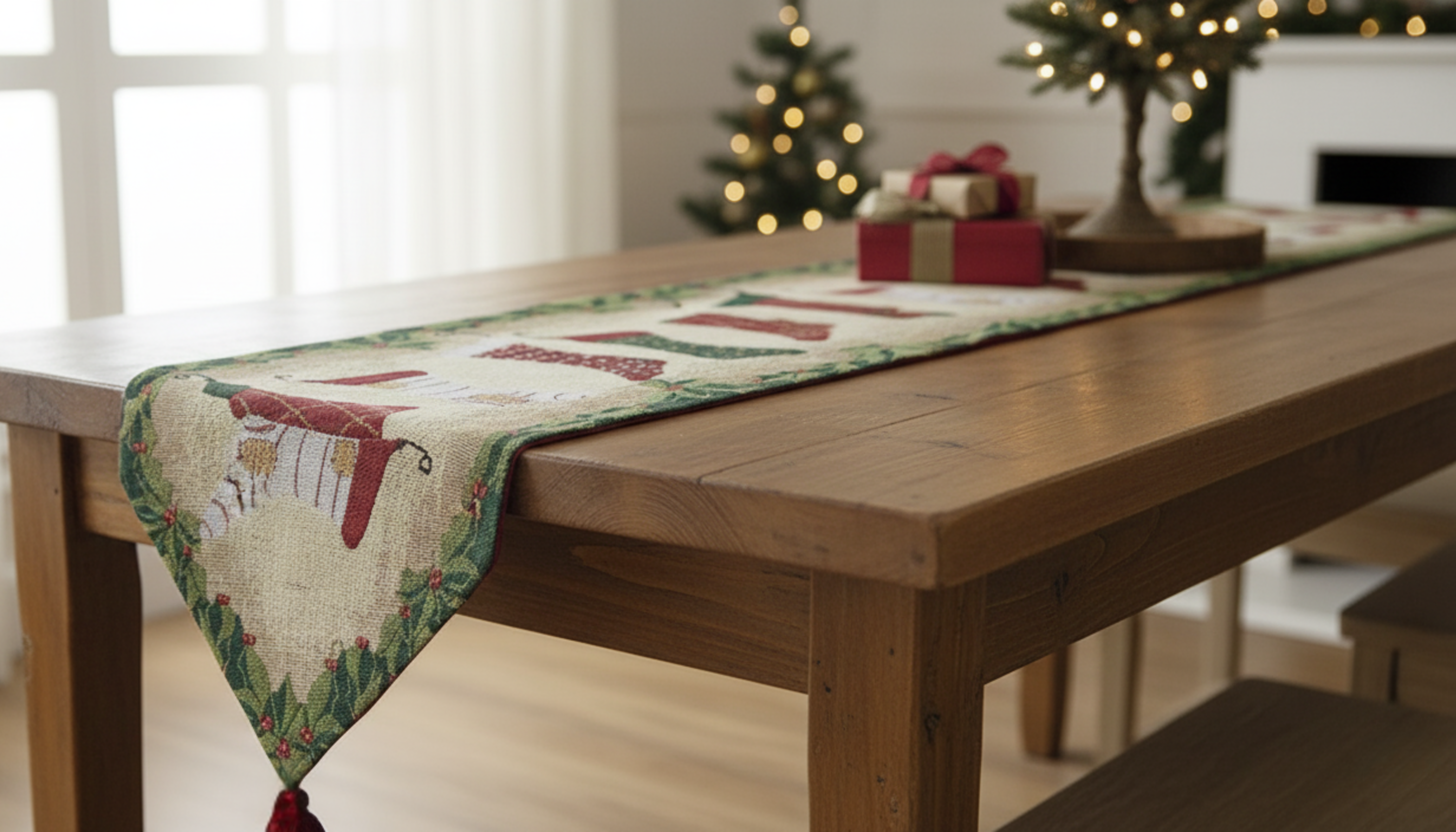 Wooden table with a Christmas-themed table runner in a festive room.