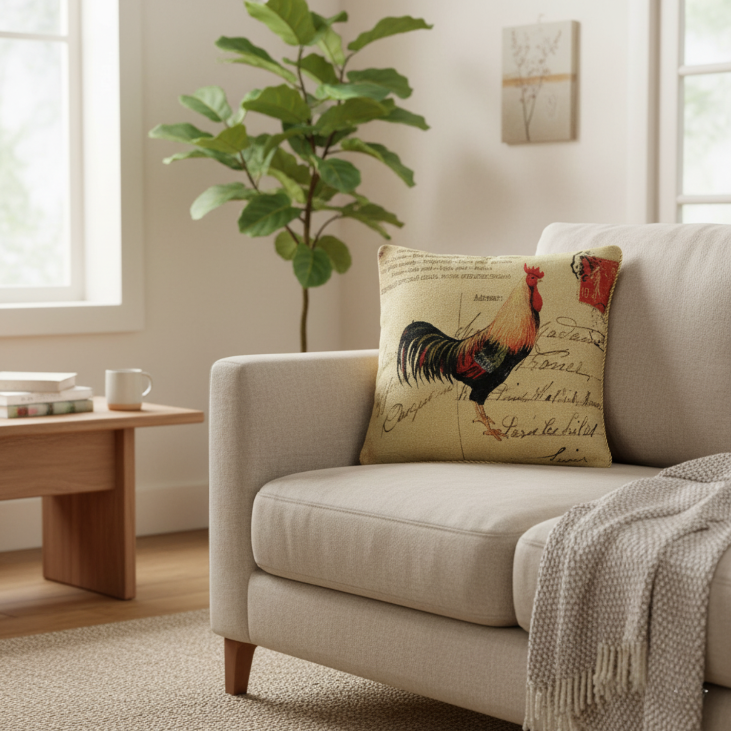 Living room with a beige sofa featuring a rooster pillow, a plant, and a wooden side table.