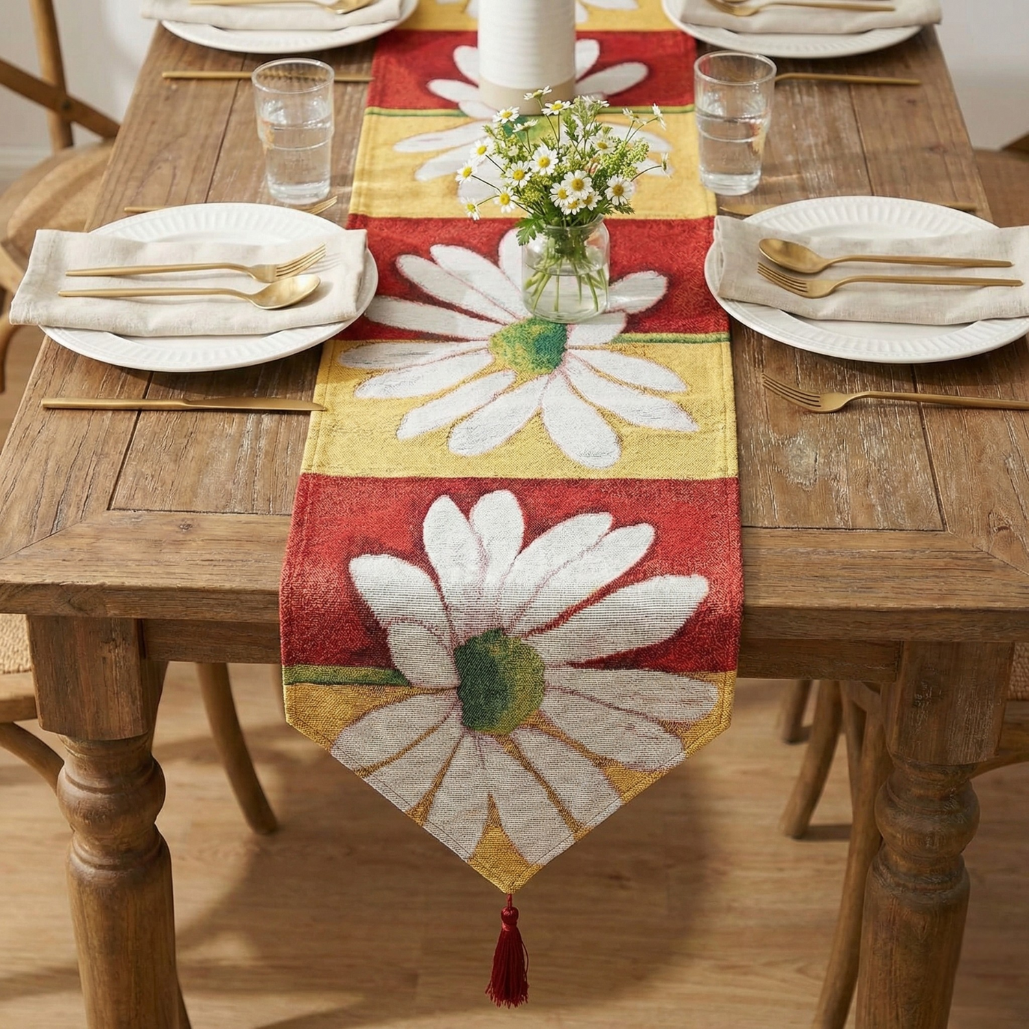 Spring Dining table set with a daisy flower table runner, plates, and cutlery.